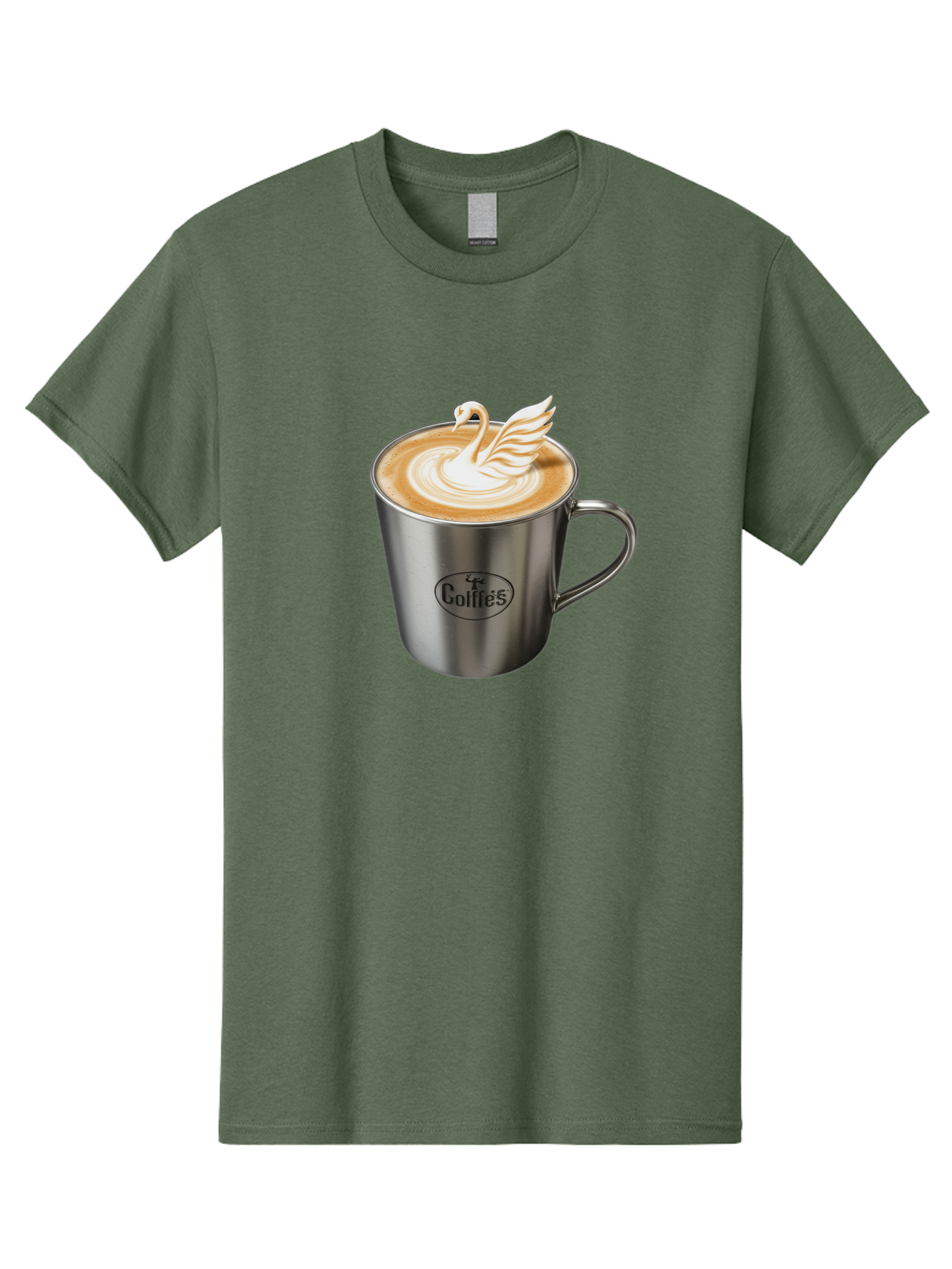 Coffies Men'S Graphic Tee, 100% Cotton, Comfortable Casual Summer Wear, Machine Washable, Coffee, Latte Art, Swan Design, Foamy Texture, Cappuccino, Beverage, Coffee Mug, Stainless Steel Mug, Coffies Branding, Coffee Culture Baa382