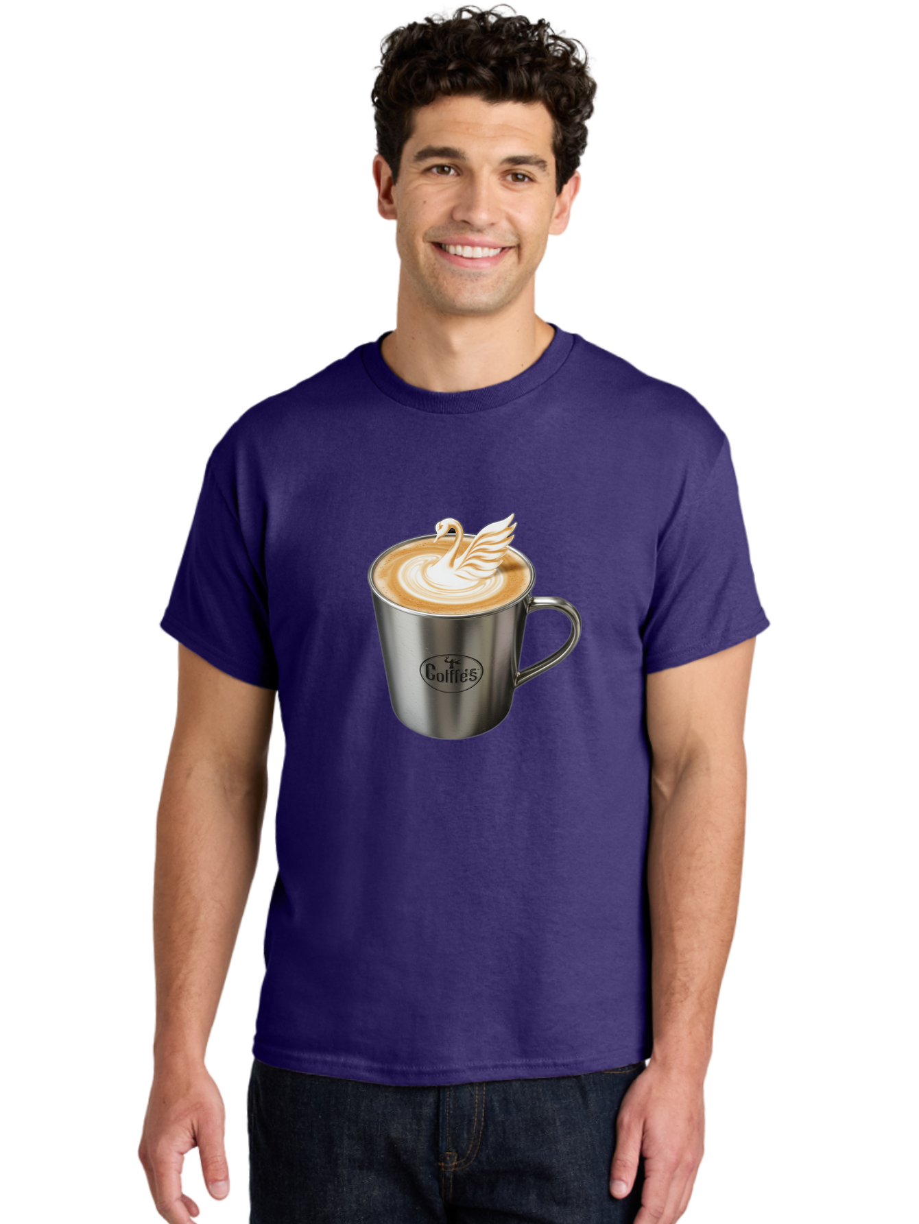 Coffies Men'S Graphic Tee, 100% Cotton, Comfortable Casual Summer Wear, Machine Washable, Coffee, Latte Art, Swan Design, Foamy Texture, Cappuccino, Beverage, Coffee Mug, Stainless Steel Mug, Coffies Branding, Coffee Culture Baa382