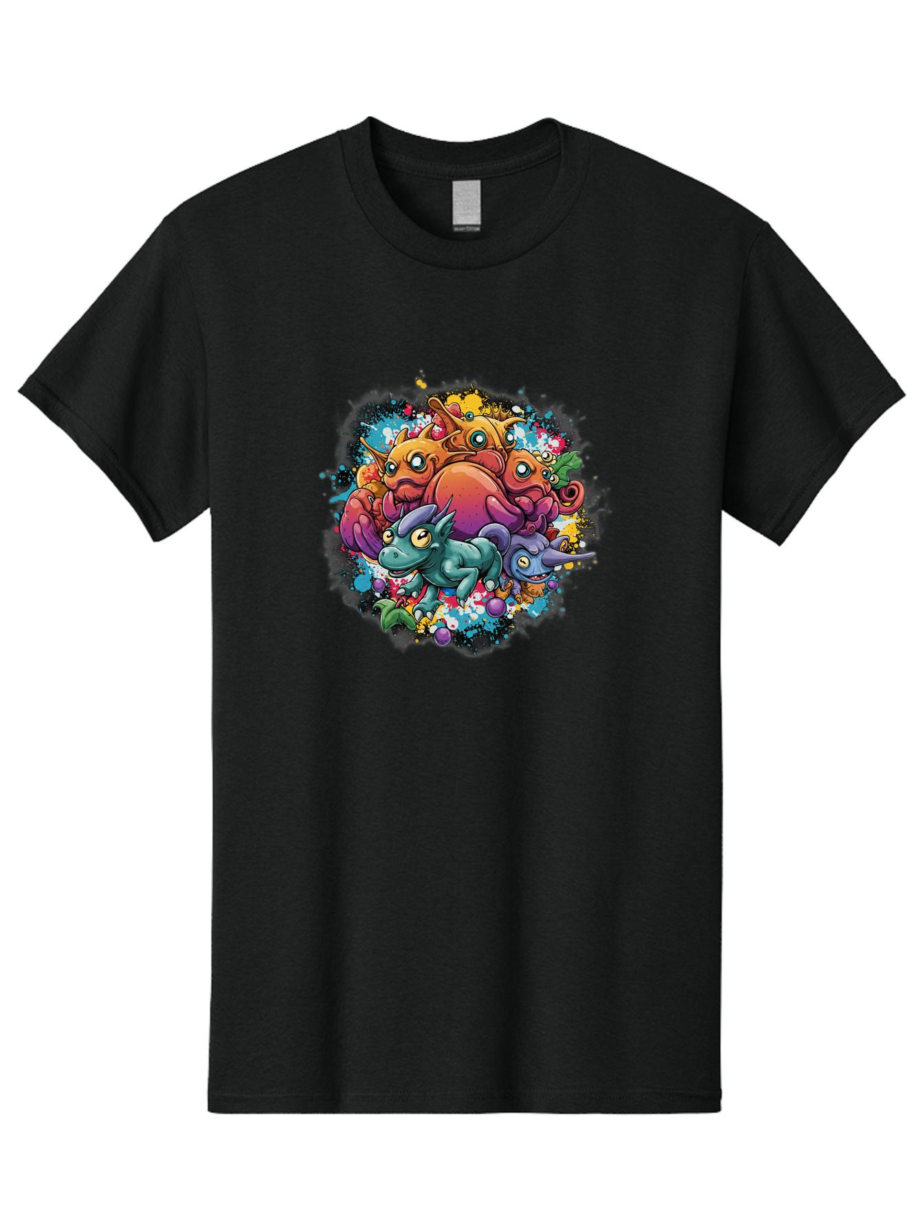 Colorful-Creatures Men'S Graphic Tee, 100% Cotton, Comfortable Casual Summer Wear, Machine Washable, Fantasy Creatures, Cartoon Characters, Colorful Illustration, Whimsical Creatures, Playful Design, Imaginative Art, Vibrant Colors, Baa385