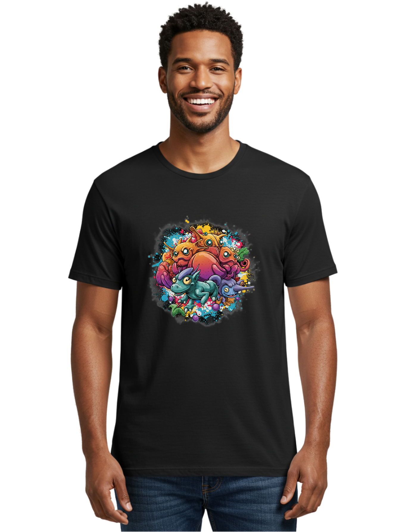 Colorful-Creatures Men'S Graphic Tee, 100% Cotton, Comfortable Casual Summer Wear, Machine Washable, Fantasy Creatures, Cartoon Characters, Colorful Illustration, Whimsical Creatures, Playful Design, Imaginative Art, Vibrant Colors, Baa385