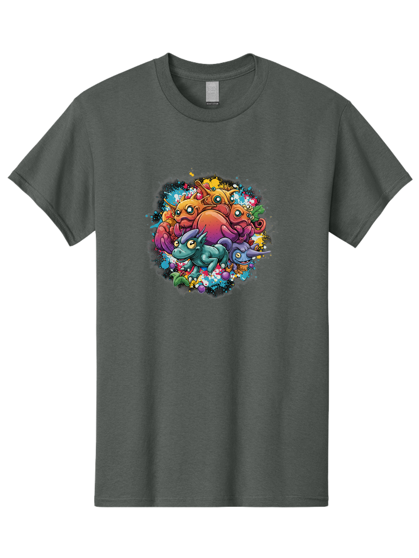 Colorful-Creatures Men'S Graphic Tee, 100% Cotton, Comfortable Casual Summer Wear, Machine Washable, Fantasy Creatures, Cartoon Characters, Colorful Illustration, Whimsical Creatures, Playful Design, Imaginative Art, Vibrant Colors, Baa385