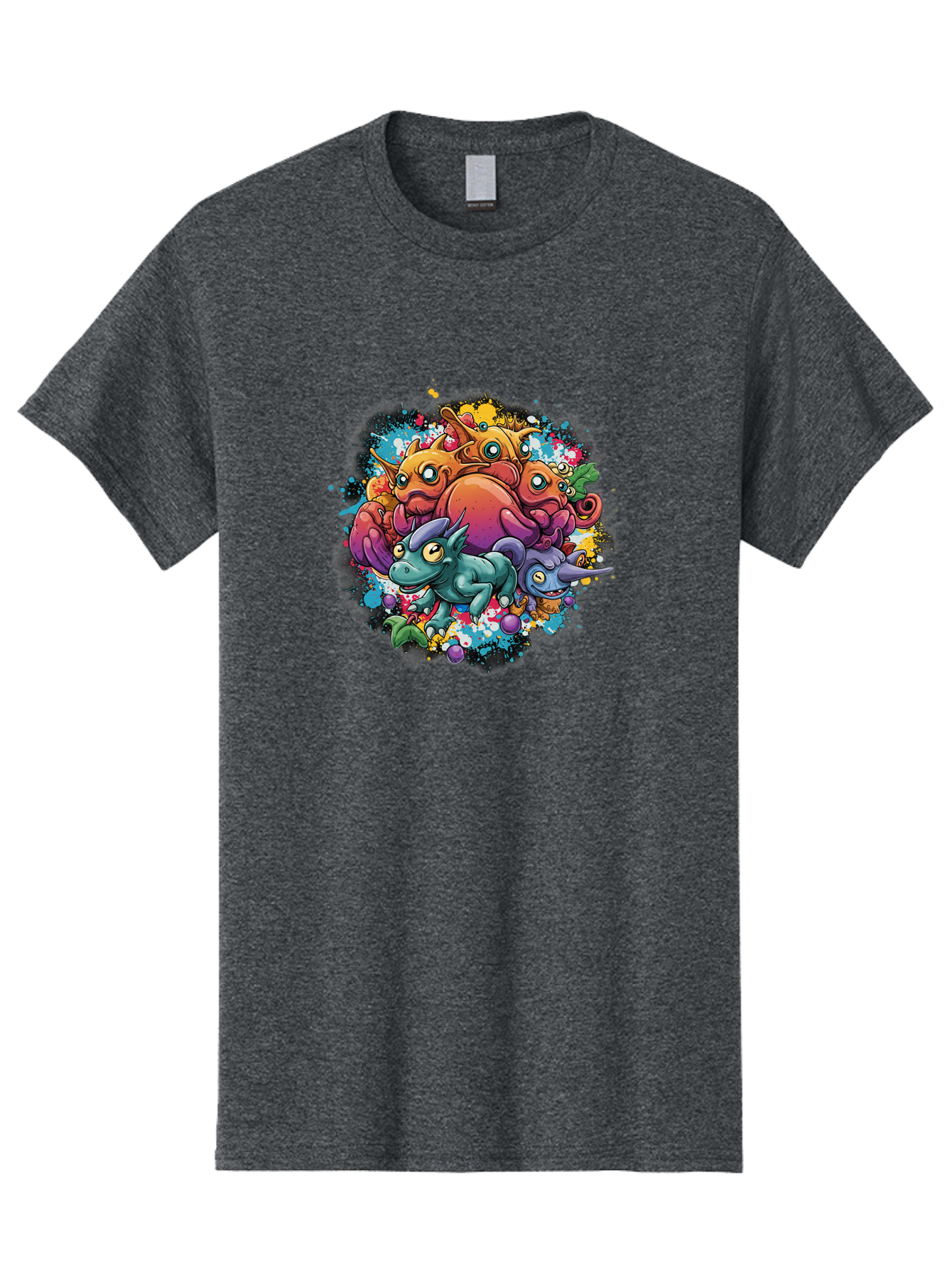 Colorful-Creatures Men'S Graphic Tee, 100% Cotton, Comfortable Casual Summer Wear, Machine Washable, Fantasy Creatures, Cartoon Characters, Colorful Illustration, Whimsical Creatures, Playful Design, Imaginative Art, Vibrant Colors, Baa385