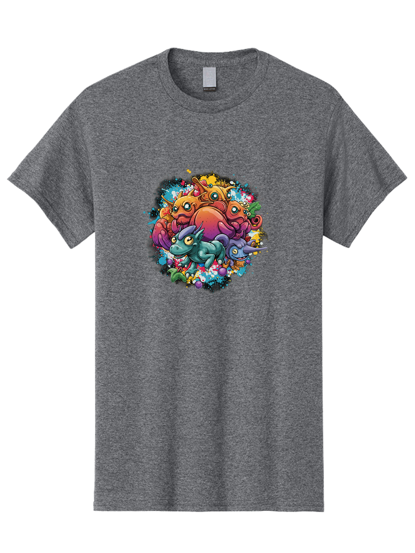 Colorful-Creatures Men'S Graphic Tee, 100% Cotton, Comfortable Casual Summer Wear, Machine Washable, Fantasy Creatures, Cartoon Characters, Colorful Illustration, Whimsical Creatures, Playful Design, Imaginative Art, Vibrant Colors, Baa385