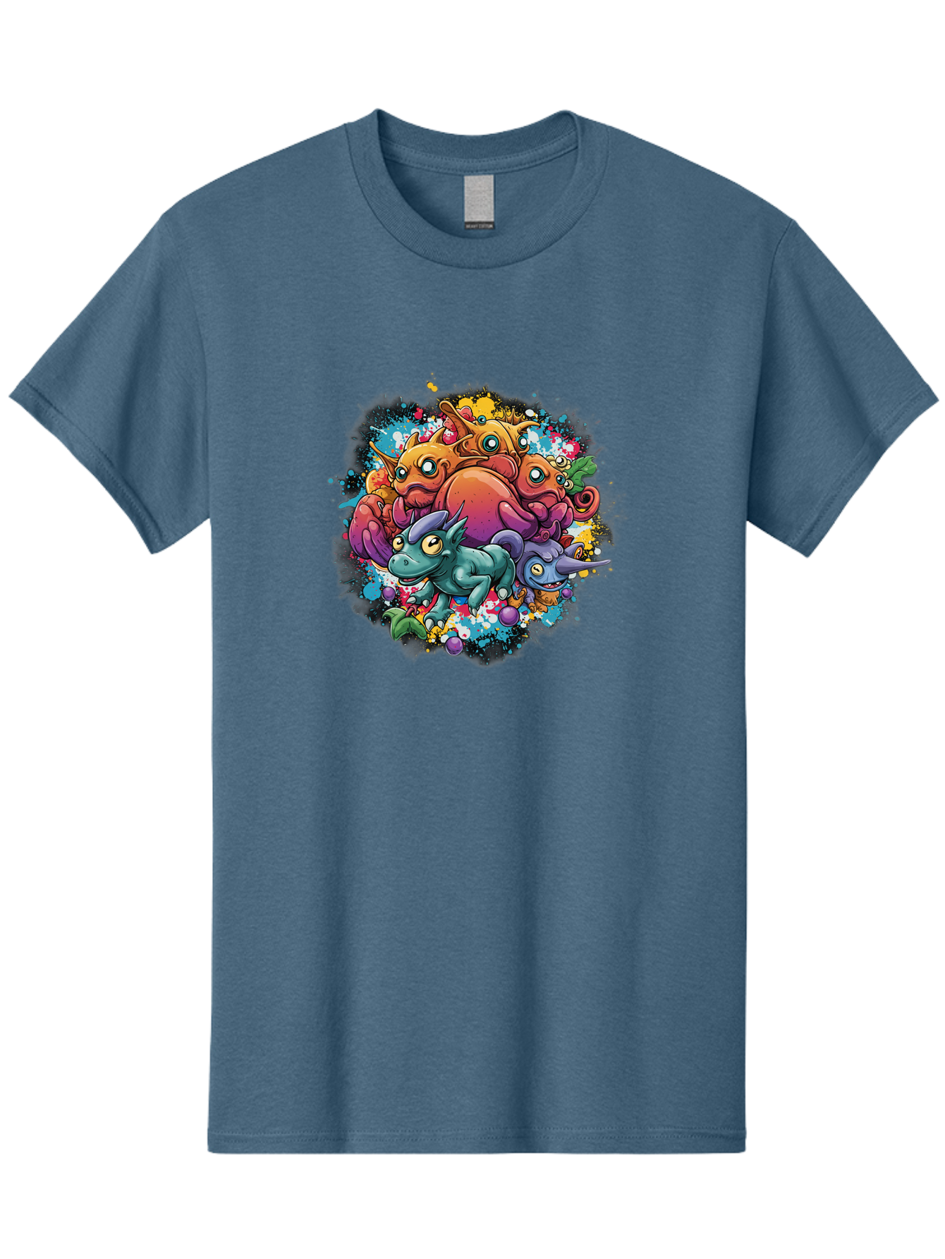Colorful-Creatures Men'S Graphic Tee, 100% Cotton, Comfortable Casual Summer Wear, Machine Washable, Fantasy Creatures, Cartoon Characters, Colorful Illustration, Whimsical Creatures, Playful Design, Imaginative Art, Vibrant Colors, Baa385