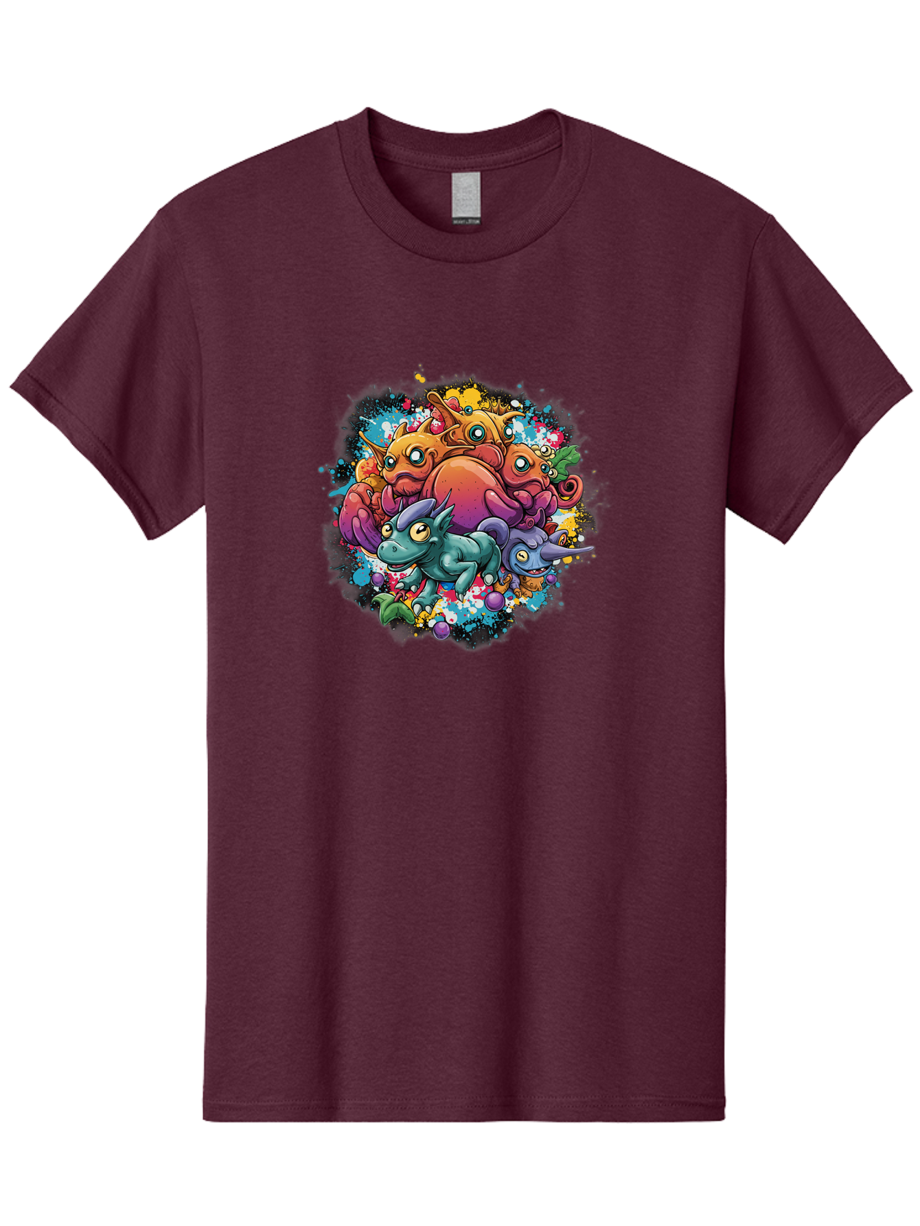 Colorful-Creatures Men'S Graphic Tee, 100% Cotton, Comfortable Casual Summer Wear, Machine Washable, Fantasy Creatures, Cartoon Characters, Colorful Illustration, Whimsical Creatures, Playful Design, Imaginative Art, Vibrant Colors, Baa385