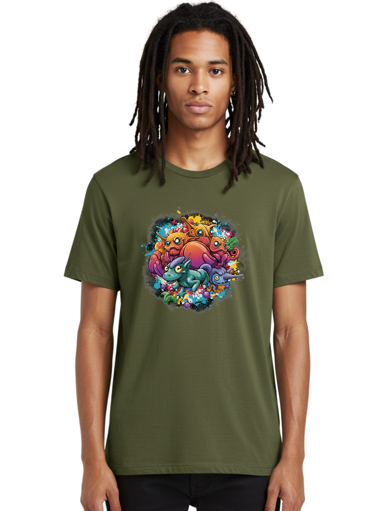 Colorful-Creatures Men'S Graphic Tee, 100% Cotton, Comfortable Casual Summer Wear, Machine Washable, Fantasy Creatures, Cartoon Characters, Colorful Illustration, Whimsical Creatures, Playful Design, Imaginative Art, Vibrant Colors, Baa385