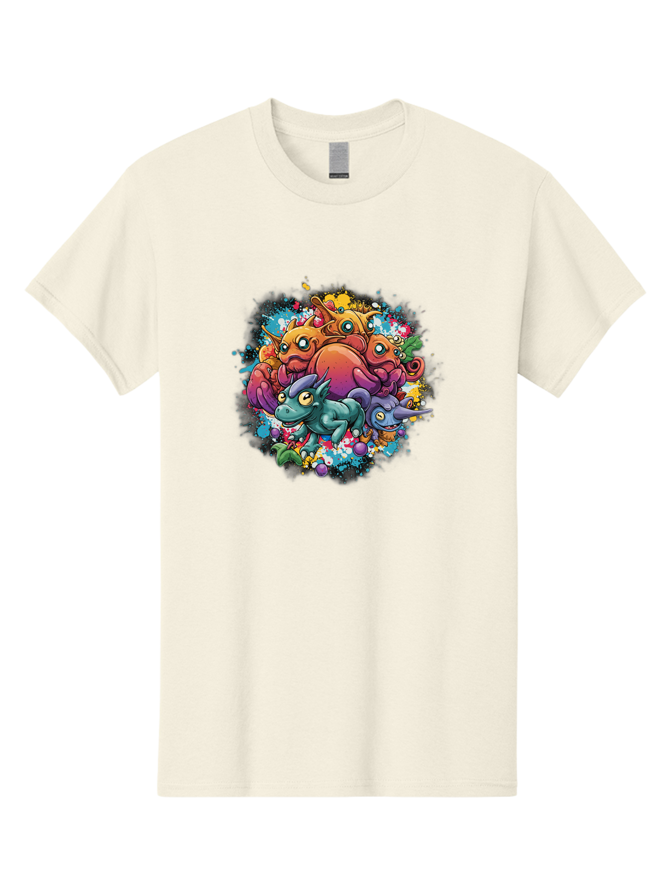 Colorful-Creatures Men'S Graphic Tee, 100% Cotton, Comfortable Casual Summer Wear, Machine Washable, Fantasy Creatures, Cartoon Characters, Colorful Illustration, Whimsical Creatures, Playful Design, Imaginative Art, Vibrant Colors, Baa385