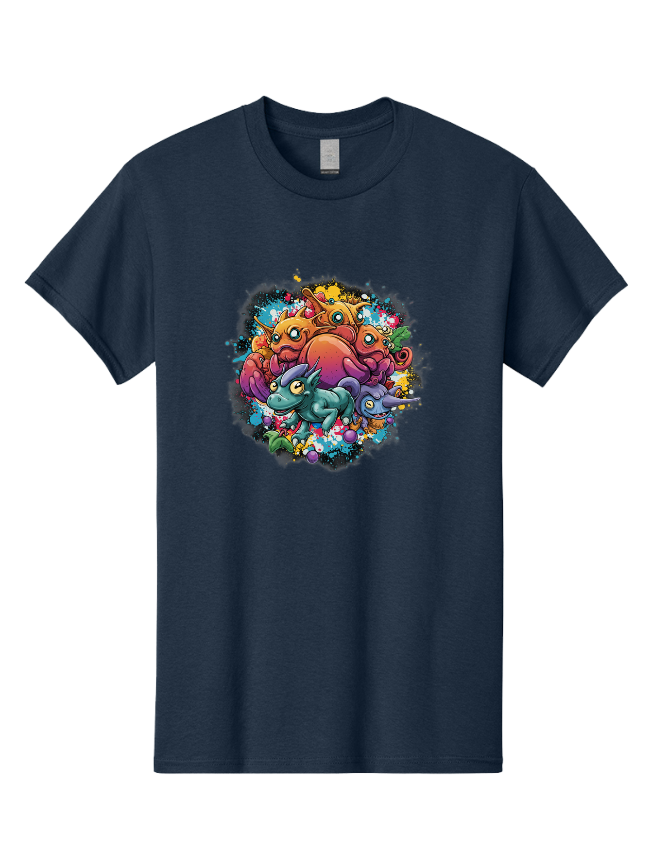 Colorful-Creatures Men'S Graphic Tee, 100% Cotton, Comfortable Casual Summer Wear, Machine Washable, Fantasy Creatures, Cartoon Characters, Colorful Illustration, Whimsical Creatures, Playful Design, Imaginative Art, Vibrant Colors, Baa385