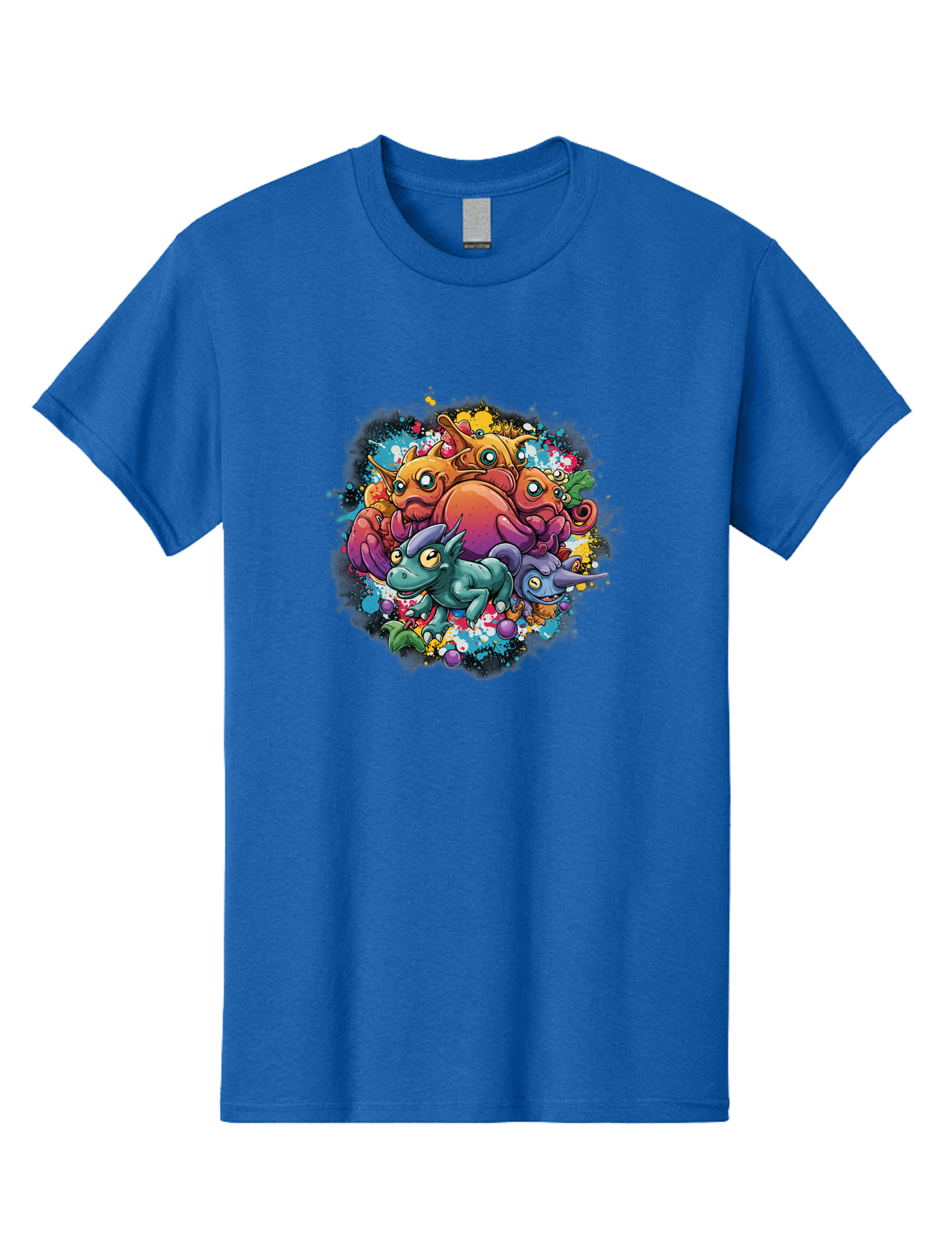 Colorful-Creatures Men'S Graphic Tee, 100% Cotton, Comfortable Casual Summer Wear, Machine Washable, Fantasy Creatures, Cartoon Characters, Colorful Illustration, Whimsical Creatures, Playful Design, Imaginative Art, Vibrant Colors, Baa385