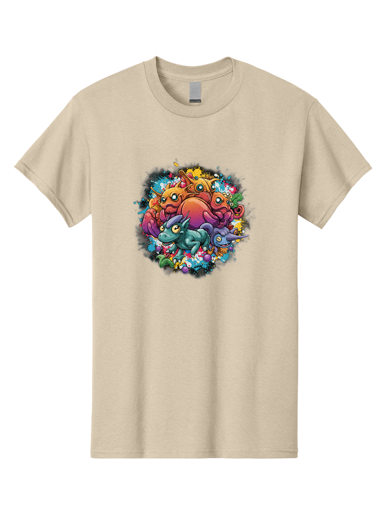 Colorful-Creatures Men'S Graphic Tee, 100% Cotton, Comfortable Casual Summer Wear, Machine Washable, Fantasy Creatures, Cartoon Characters, Colorful Illustration, Whimsical Creatures, Playful Design, Imaginative Art, Vibrant Colors, Baa385
