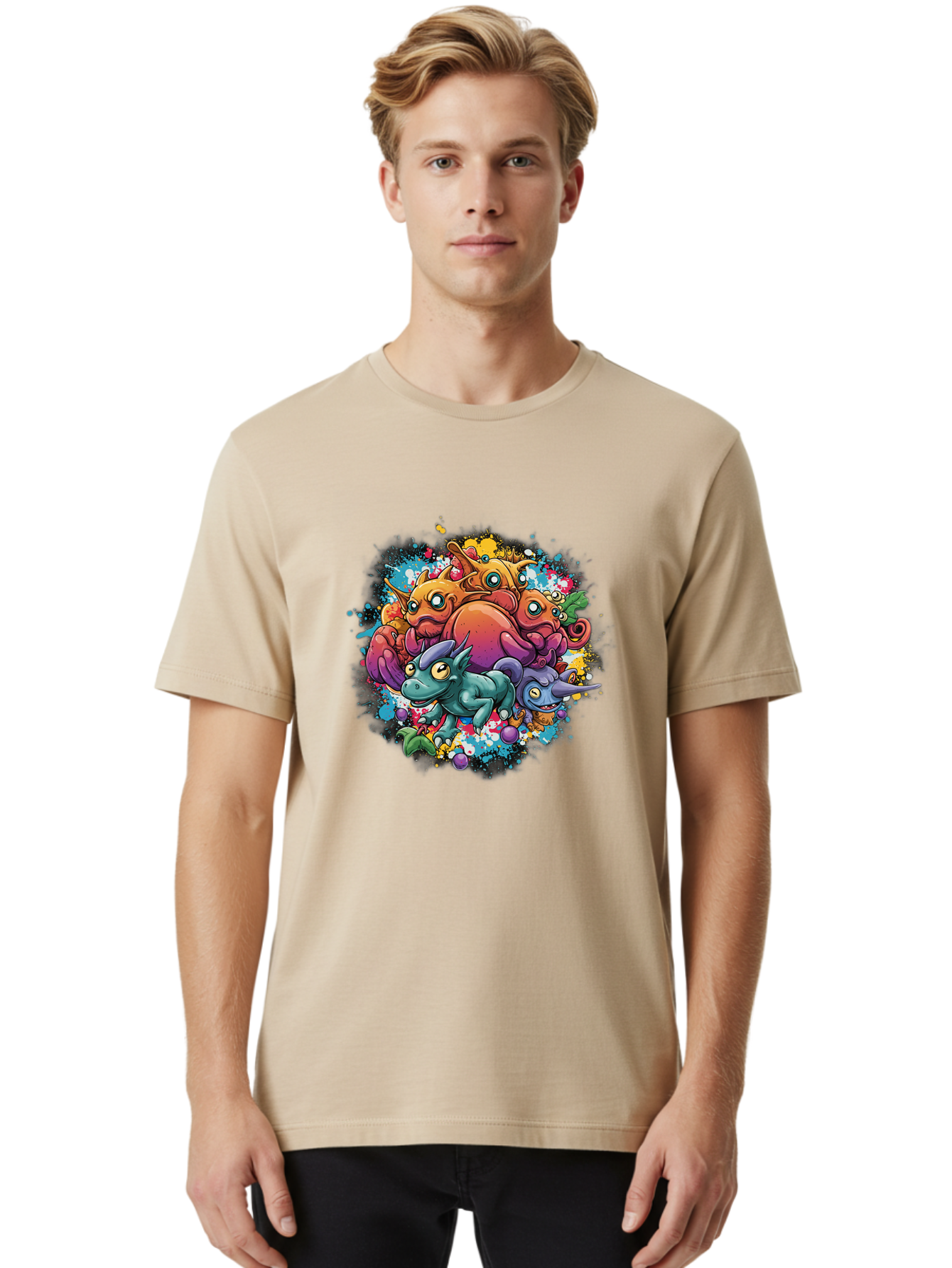 Colorful-Creatures Men'S Graphic Tee, 100% Cotton, Comfortable Casual Summer Wear, Machine Washable, Fantasy Creatures, Cartoon Characters, Colorful Illustration, Whimsical Creatures, Playful Design, Imaginative Art, Vibrant Colors, Baa385