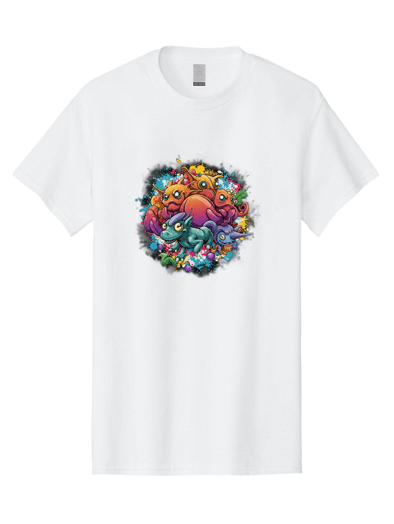 Colorful-Creatures Men'S Graphic Tee, 100% Cotton, Comfortable Casual Summer Wear, Machine Washable, Fantasy Creatures, Cartoon Characters, Colorful Illustration, Whimsical Creatures, Playful Design, Imaginative Art, Vibrant Colors, Baa385
