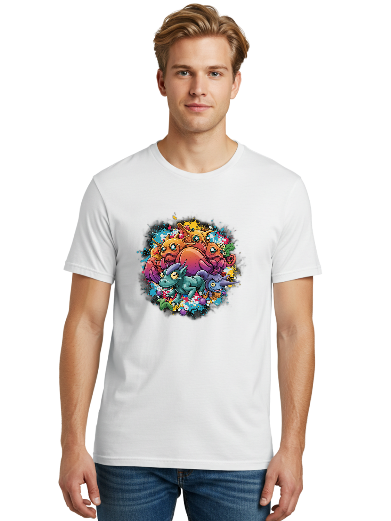 Colorful-Creatures Men'S Graphic Tee, 100% Cotton, Comfortable Casual Summer Wear, Machine Washable, Fantasy Creatures, Cartoon Characters, Colorful Illustration, Whimsical Creatures, Playful Design, Imaginative Art, Vibrant Colors, Baa385