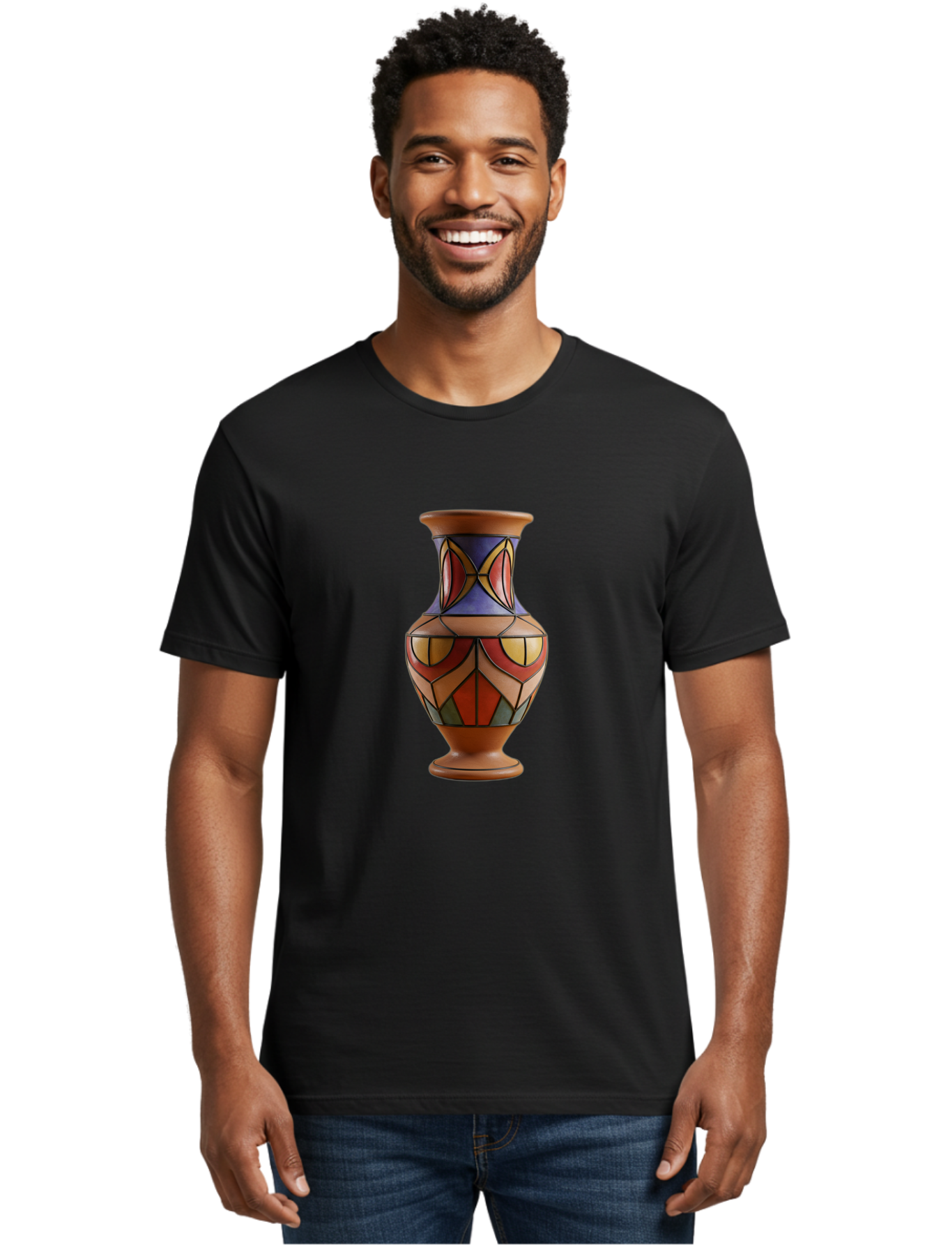 Colorful-Decorative-Vase Men'S Graphic Tee, 100% Cotton, Comfortable Casual Summer Wear, Machine Washable, Hand-Painted Vase, Ceramic Art, Geometric Shapes, Red, Blue, Yellow, Orange, Black, Earthy Tones, Interior Decor, Bohemian Style, Baa386