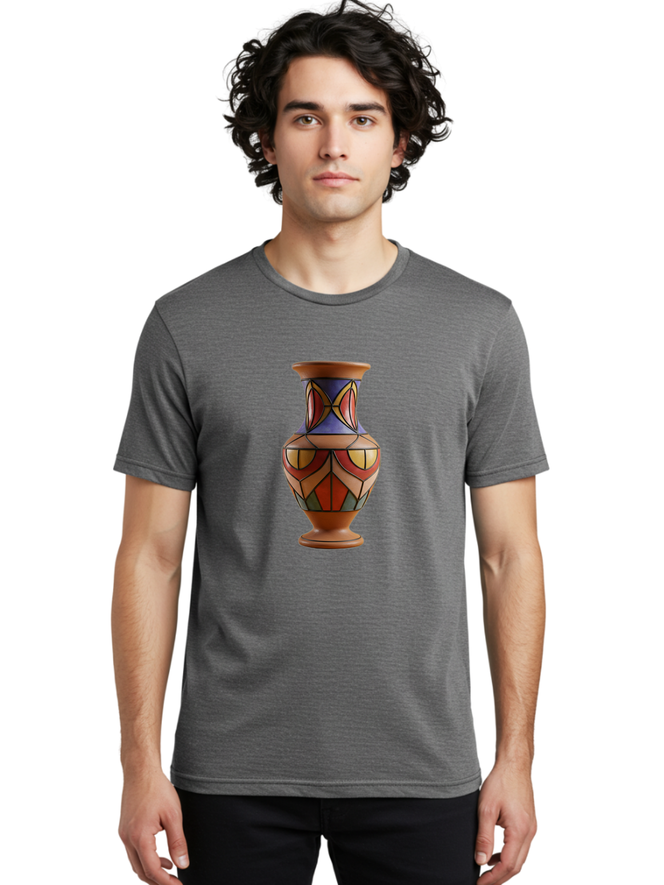 Colorful-Decorative-Vase Men'S Graphic Tee, 100% Cotton, Comfortable Casual Summer Wear, Machine Washable, Hand-Painted Vase, Ceramic Art, Geometric Shapes, Red, Blue, Yellow, Orange, Black, Earthy Tones, Interior Decor, Bohemian Style, Baa386
