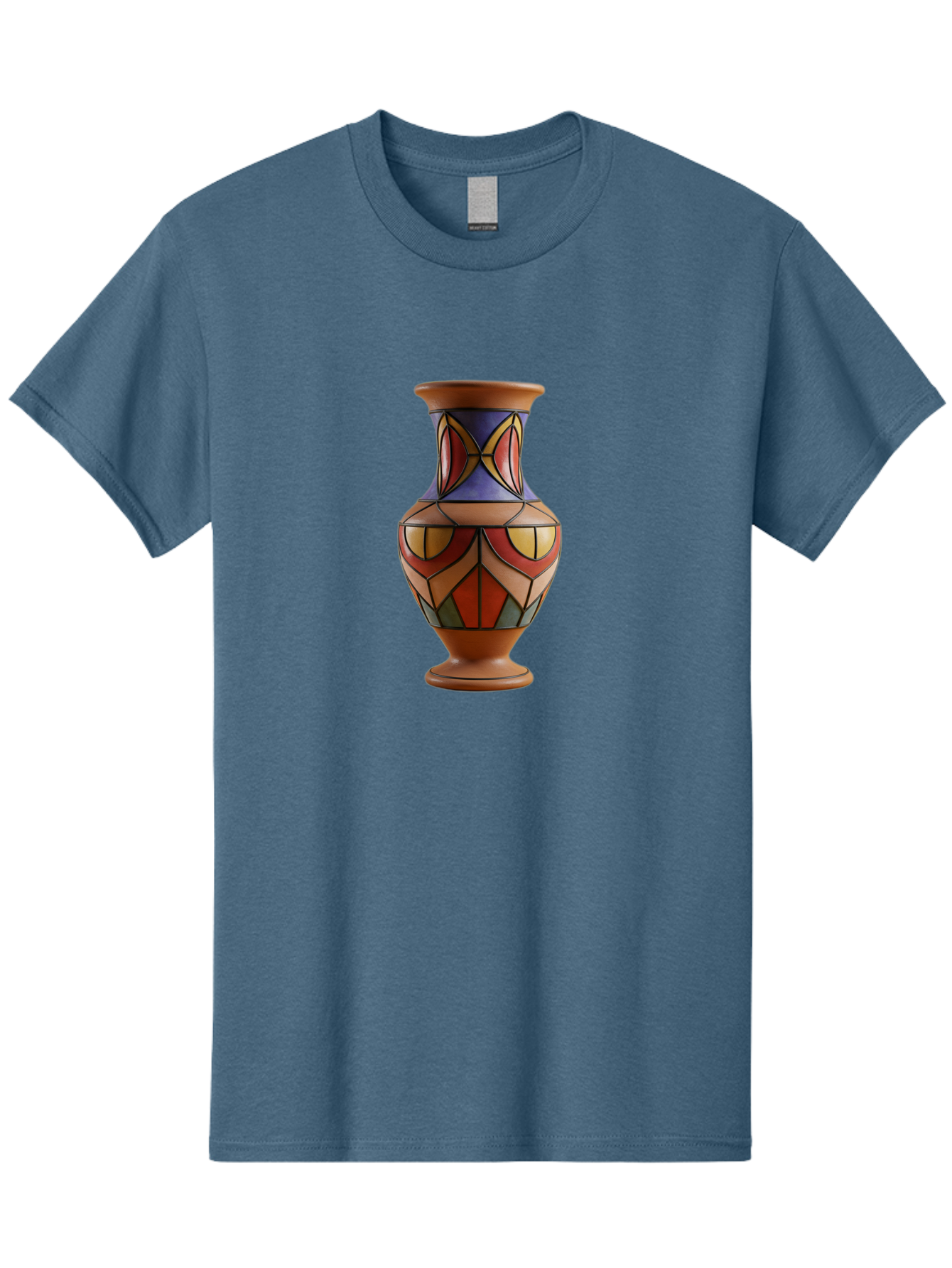 Colorful-Decorative-Vase Men'S Graphic Tee, 100% Cotton, Comfortable Casual Summer Wear, Machine Washable, Hand-Painted Vase, Ceramic Art, Geometric Shapes, Red, Blue, Yellow, Orange, Black, Earthy Tones, Interior Decor, Bohemian Style, Baa386