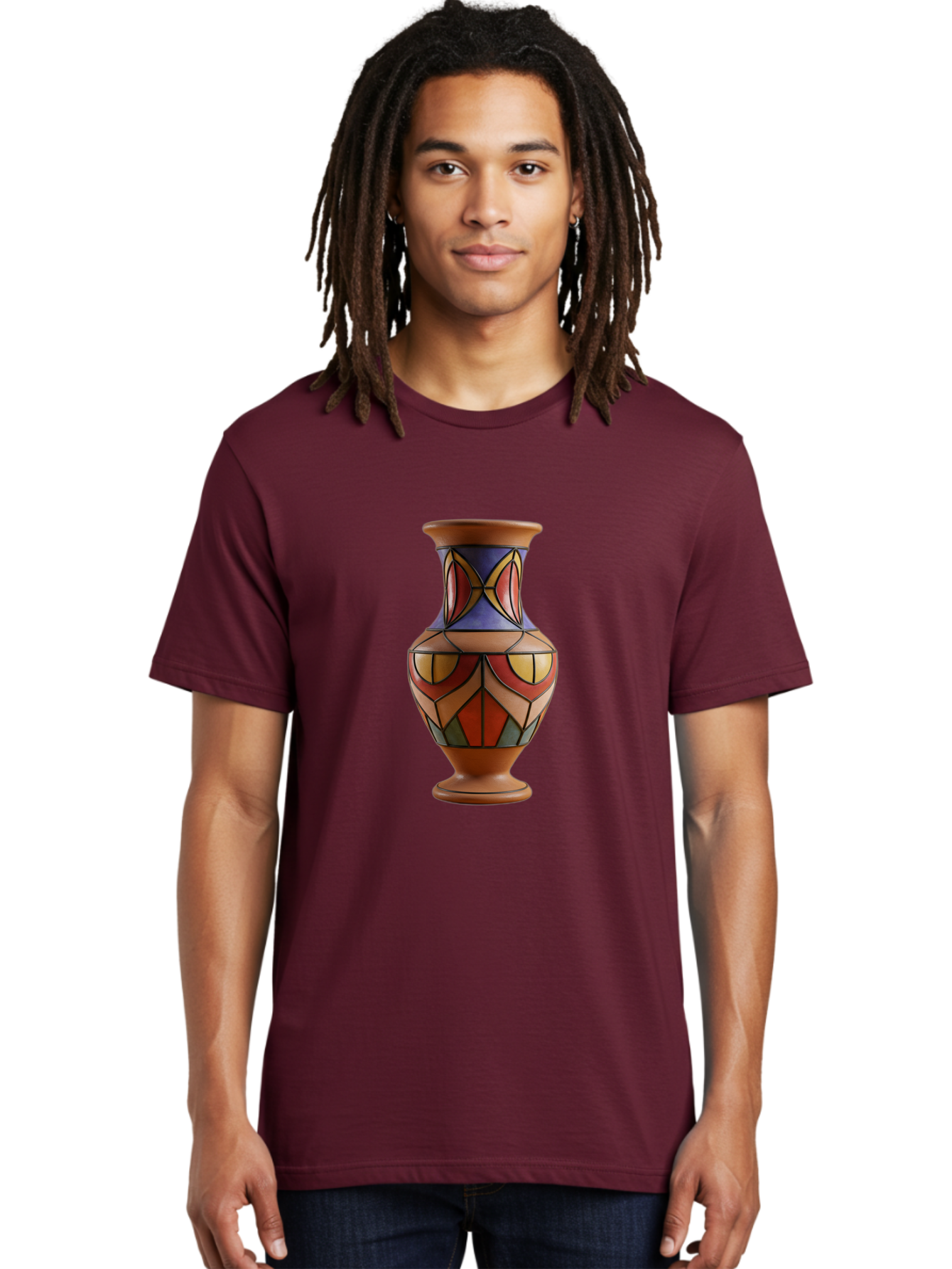 Colorful-Decorative-Vase Men'S Graphic Tee, 100% Cotton, Comfortable Casual Summer Wear, Machine Washable, Hand-Painted Vase, Ceramic Art, Geometric Shapes, Red, Blue, Yellow, Orange, Black, Earthy Tones, Interior Decor, Bohemian Style, Baa386