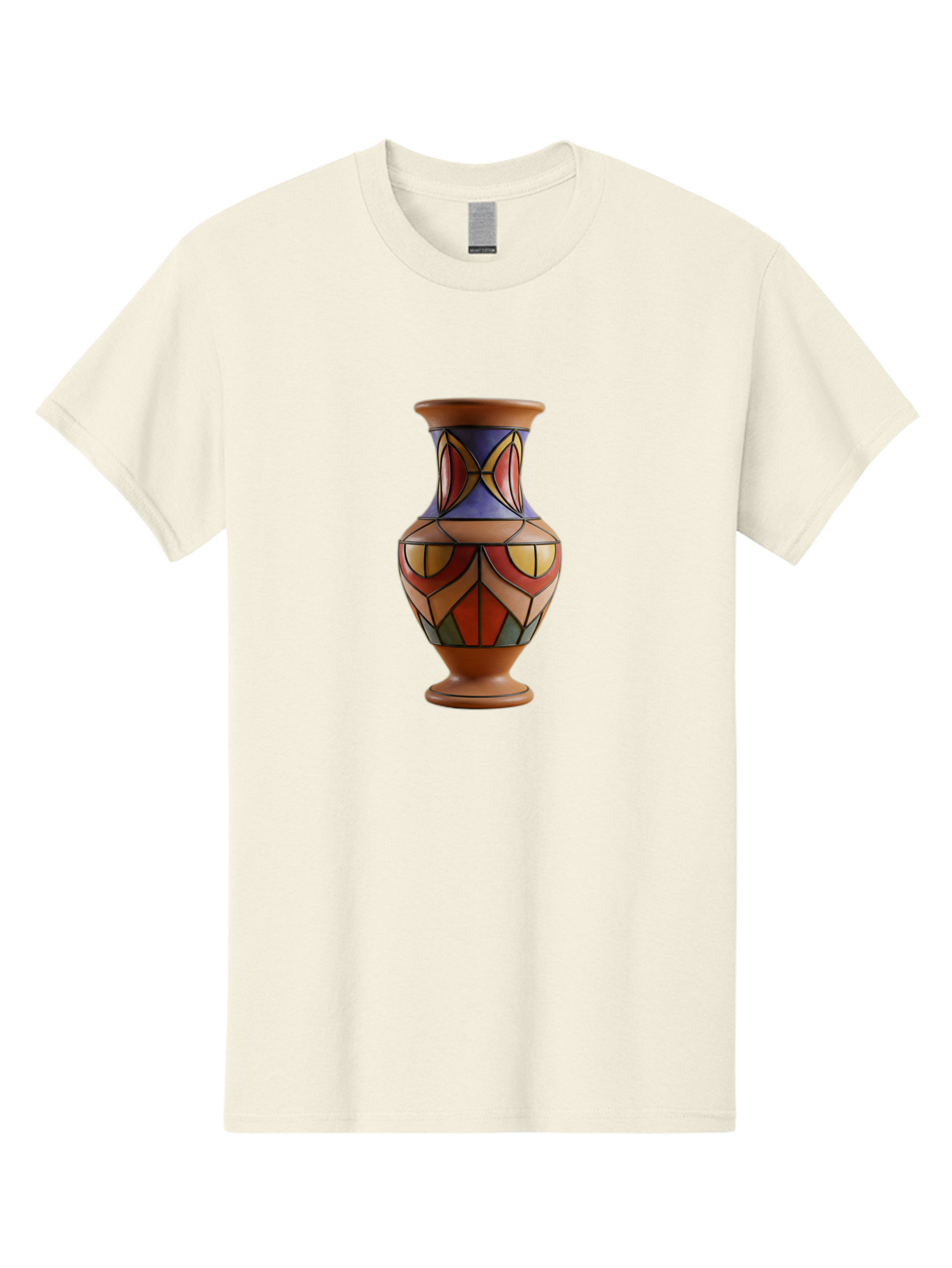 Colorful-Decorative-Vase Men'S Graphic Tee, 100% Cotton, Comfortable Casual Summer Wear, Machine Washable, Hand-Painted Vase, Ceramic Art, Geometric Shapes, Red, Blue, Yellow, Orange, Black, Earthy Tones, Interior Decor, Bohemian Style, Baa386
