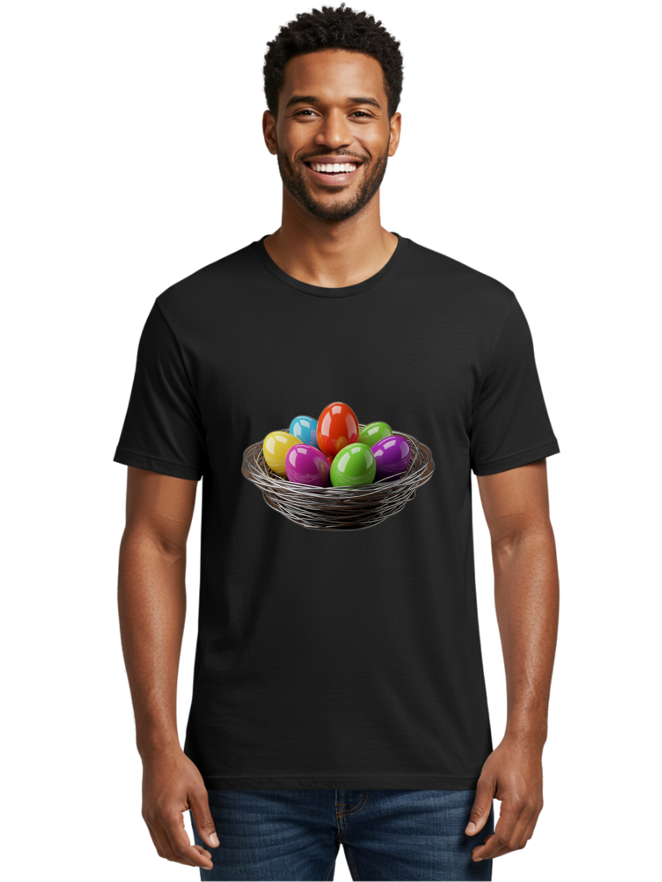 Colorful-Easter-Eggs Men'S Graphic Tee, 100% Cotton, Comfortable Casual Summer Wear, Machine Washable, Colorful Easter Eggs, Easter Egg Hunt, Vibrant Colors, Wire Basket, Holiday Decorations, Festive Treats, Spring Celebration, Shiny Eggs Baa388