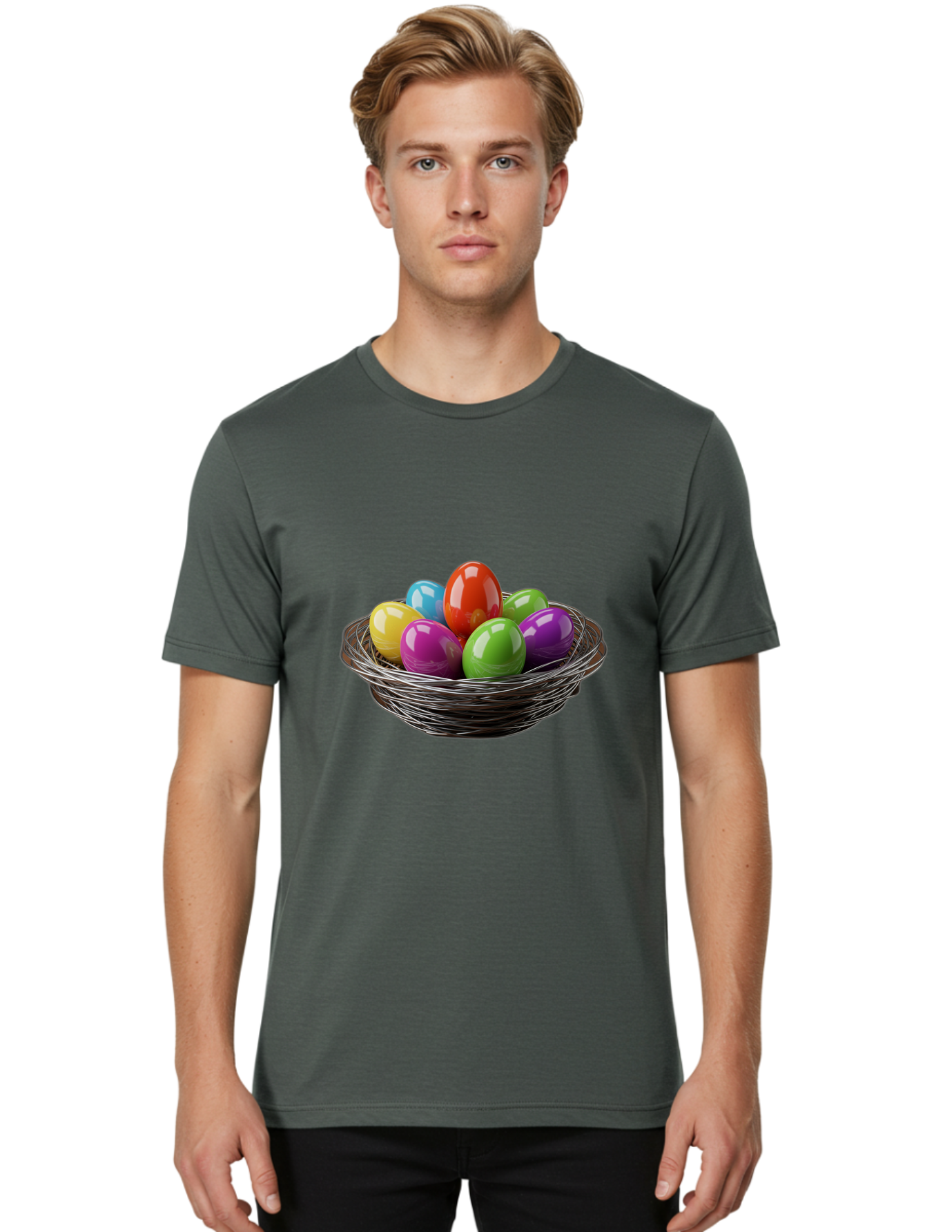 Colorful-Easter-Eggs Men'S Graphic Tee, 100% Cotton, Comfortable Casual Summer Wear, Machine Washable, Colorful Easter Eggs, Easter Egg Hunt, Vibrant Colors, Wire Basket, Holiday Decorations, Festive Treats, Spring Celebration, Shiny Eggs Baa388