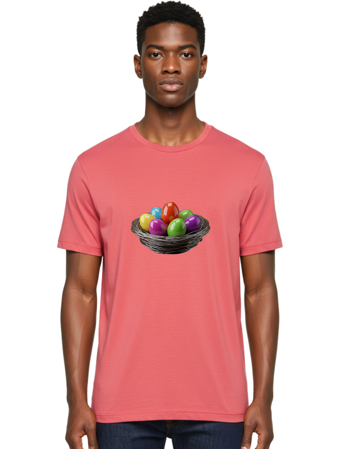 Colorful-Easter-Eggs Men'S Graphic Tee, 100% Cotton, Comfortable Casual Summer Wear, Machine Washable, Colorful Easter Eggs, Easter Egg Hunt, Vibrant Colors, Wire Basket, Holiday Decorations, Festive Treats, Spring Celebration, Shiny Eggs Baa388
