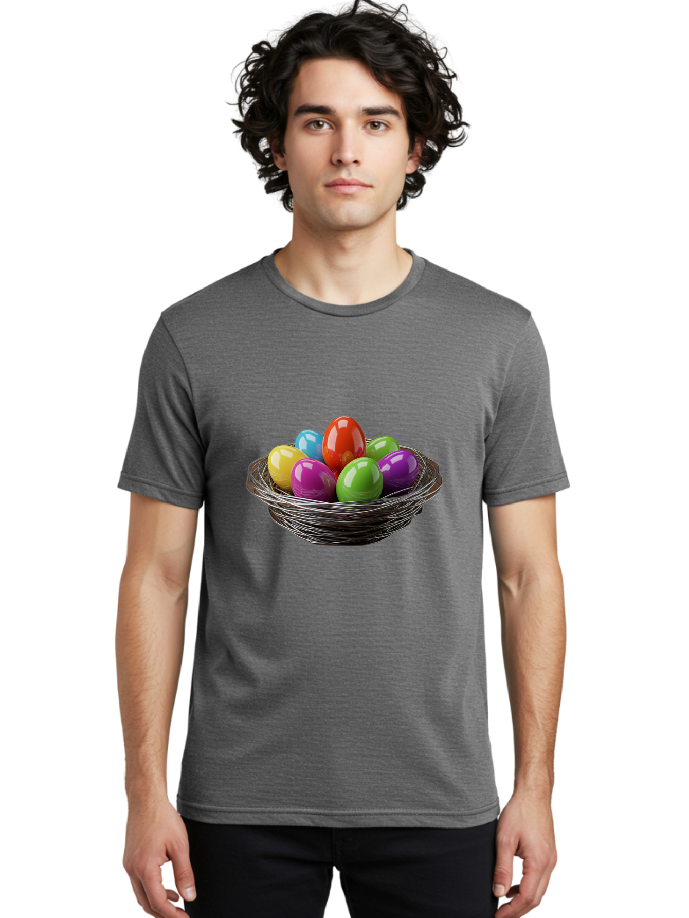 Colorful-Easter-Eggs Men'S Graphic Tee, 100% Cotton, Comfortable Casual Summer Wear, Machine Washable, Colorful Easter Eggs, Easter Egg Hunt, Vibrant Colors, Wire Basket, Holiday Decorations, Festive Treats, Spring Celebration, Shiny Eggs Baa388