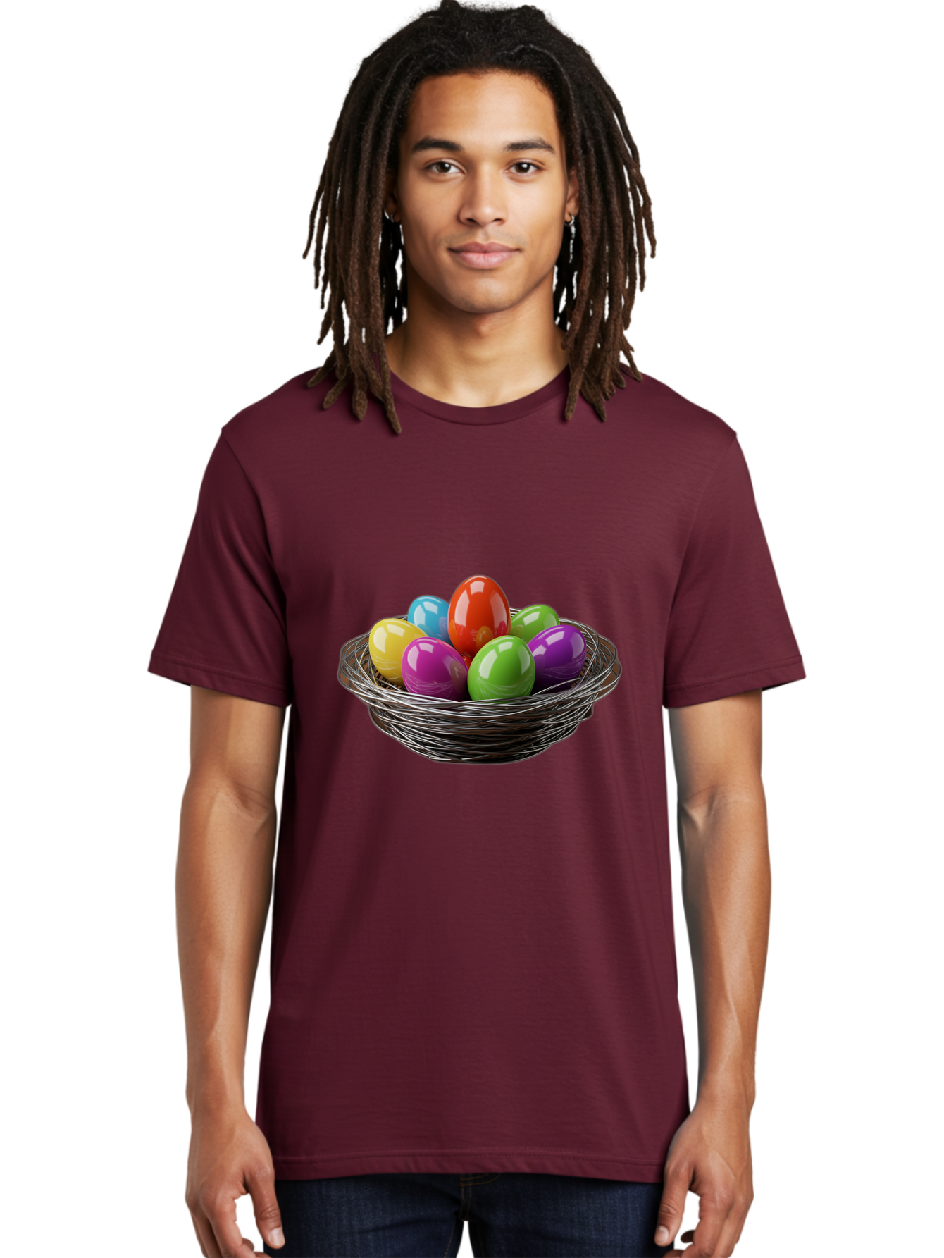 Colorful-Easter-Eggs Men'S Graphic Tee, 100% Cotton, Comfortable Casual Summer Wear, Machine Washable, Colorful Easter Eggs, Easter Egg Hunt, Vibrant Colors, Wire Basket, Holiday Decorations, Festive Treats, Spring Celebration, Shiny Eggs Baa388