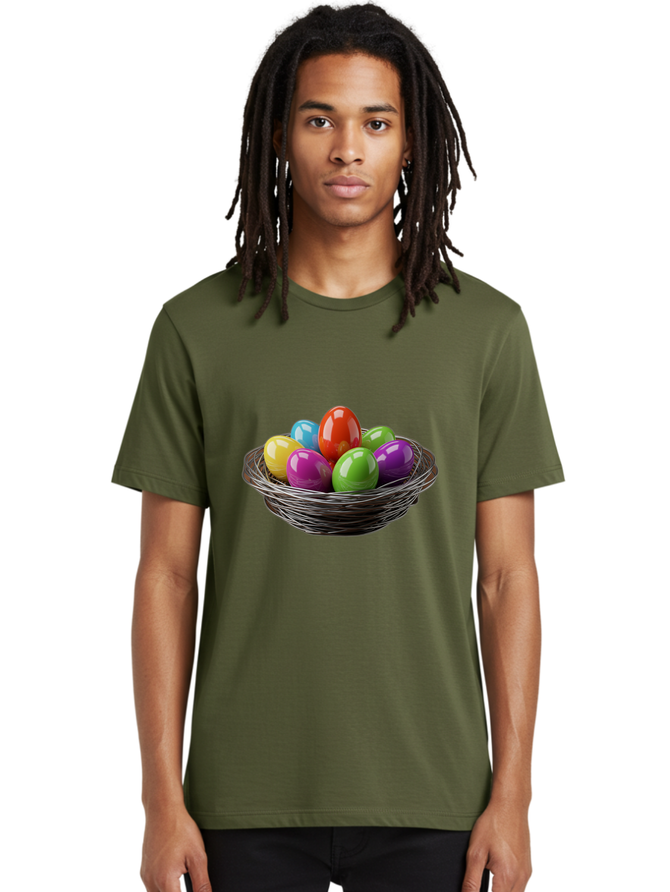 Colorful-Easter-Eggs Men'S Graphic Tee, 100% Cotton, Comfortable Casual Summer Wear, Machine Washable, Colorful Easter Eggs, Easter Egg Hunt, Vibrant Colors, Wire Basket, Holiday Decorations, Festive Treats, Spring Celebration, Shiny Eggs Baa388
