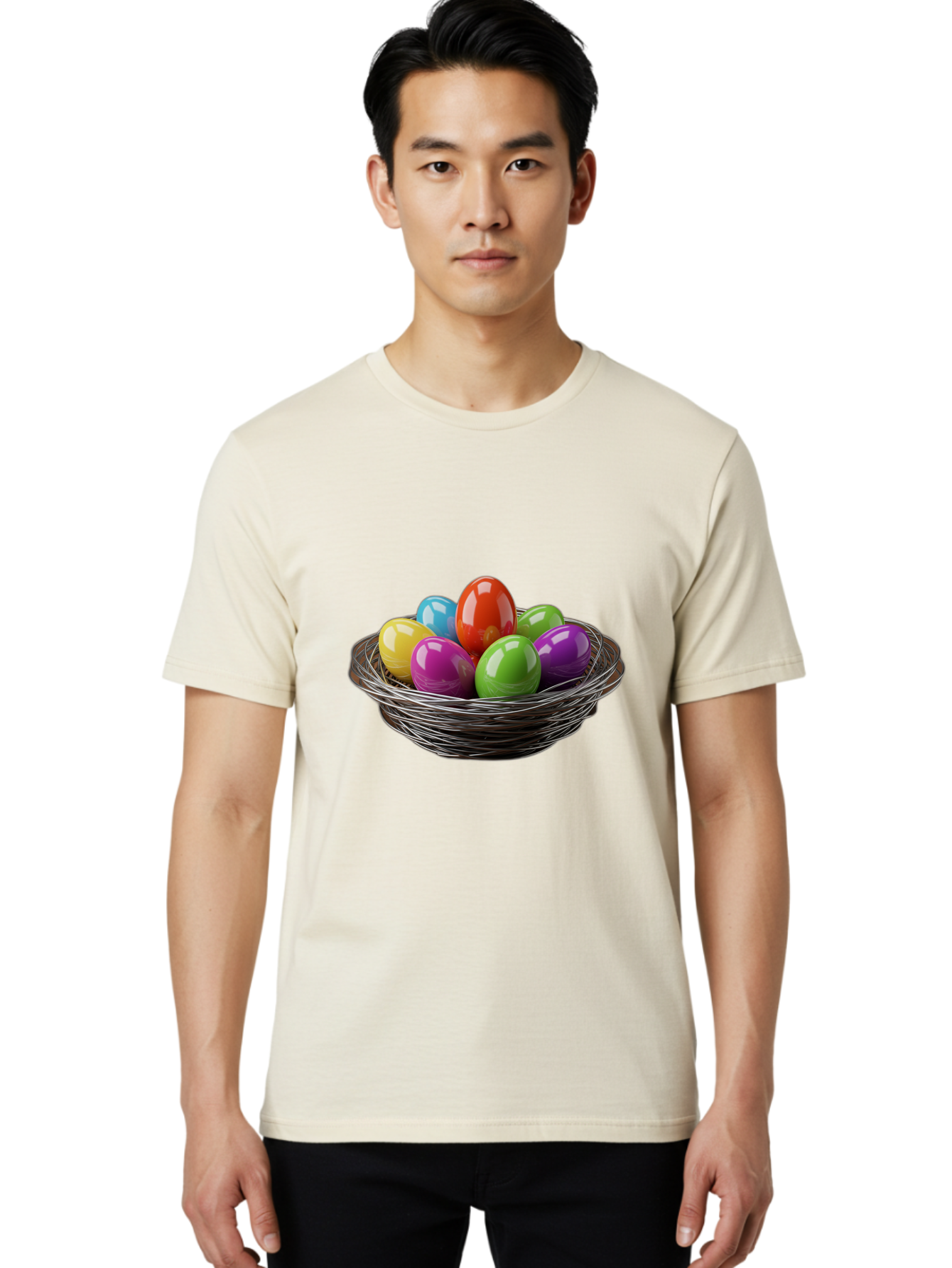 Colorful-Easter-Eggs Men'S Graphic Tee, 100% Cotton, Comfortable Casual Summer Wear, Machine Washable, Colorful Easter Eggs, Easter Egg Hunt, Vibrant Colors, Wire Basket, Holiday Decorations, Festive Treats, Spring Celebration, Shiny Eggs Baa388