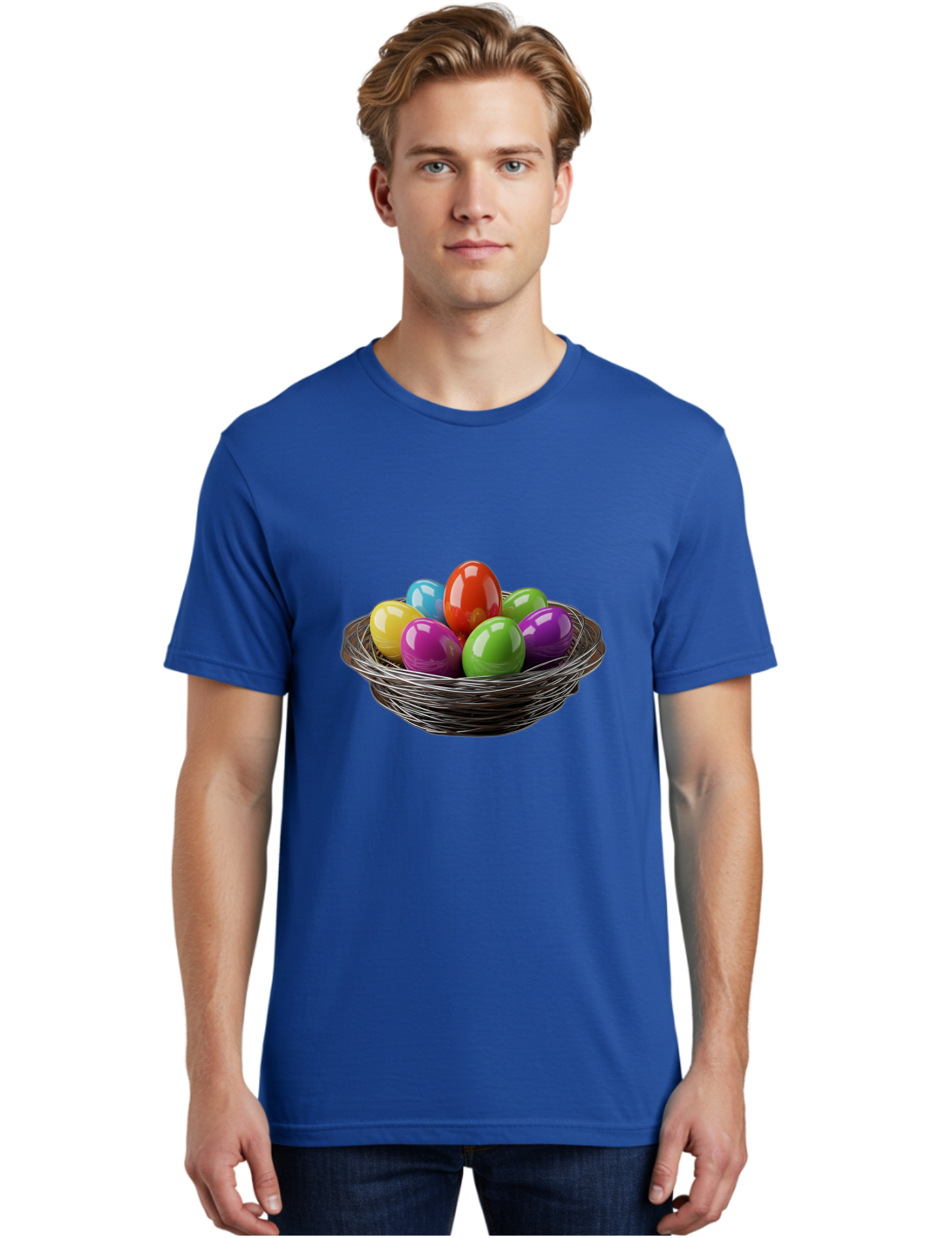 Colorful-Easter-Eggs Men'S Graphic Tee, 100% Cotton, Comfortable Casual Summer Wear, Machine Washable, Colorful Easter Eggs, Easter Egg Hunt, Vibrant Colors, Wire Basket, Holiday Decorations, Festive Treats, Spring Celebration, Shiny Eggs Baa388