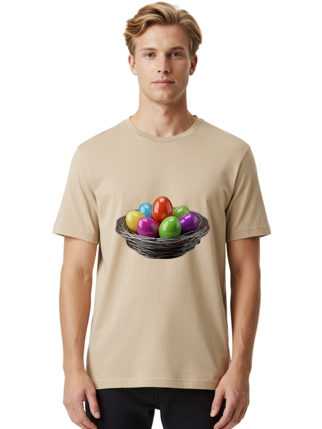 Colorful-Easter-Eggs Men'S Graphic Tee, 100% Cotton, Comfortable Casual Summer Wear, Machine Washable, Colorful Easter Eggs, Easter Egg Hunt, Vibrant Colors, Wire Basket, Holiday Decorations, Festive Treats, Spring Celebration, Shiny Eggs Baa388