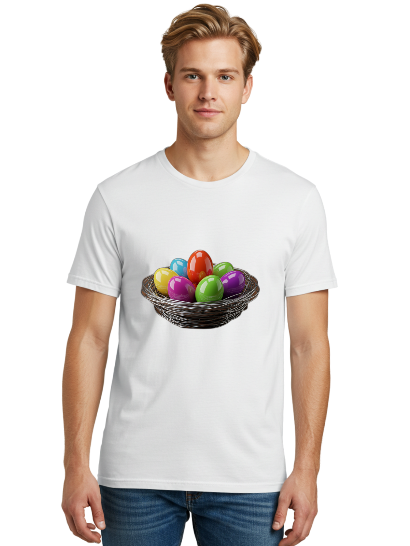 Colorful-Easter-Eggs Men'S Graphic Tee, 100% Cotton, Comfortable Casual Summer Wear, Machine Washable, Colorful Easter Eggs, Easter Egg Hunt, Vibrant Colors, Wire Basket, Holiday Decorations, Festive Treats, Spring Celebration, Shiny Eggs Baa388