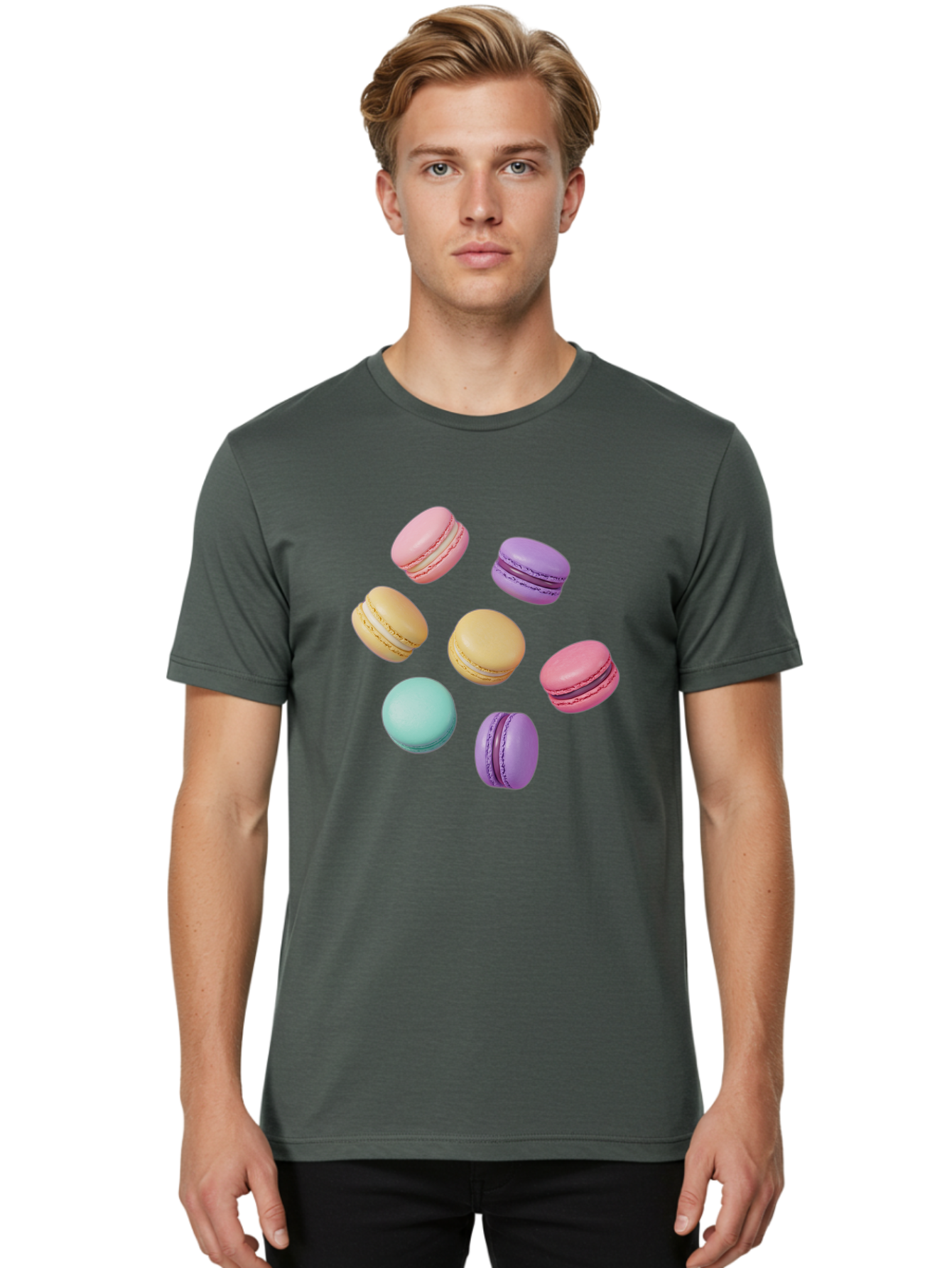 Colorful-Macarons-1 Men'S Graphic Tee, 100% Cotton, Comfortable Casual Summer Wear, Machine Washable, Colorful Macarons, Pastel Macarons, Assorted Macarons, Macaron Dessert, French Macarons, Sweet Treats, French Pastries, Macaron Flavors, Baa389