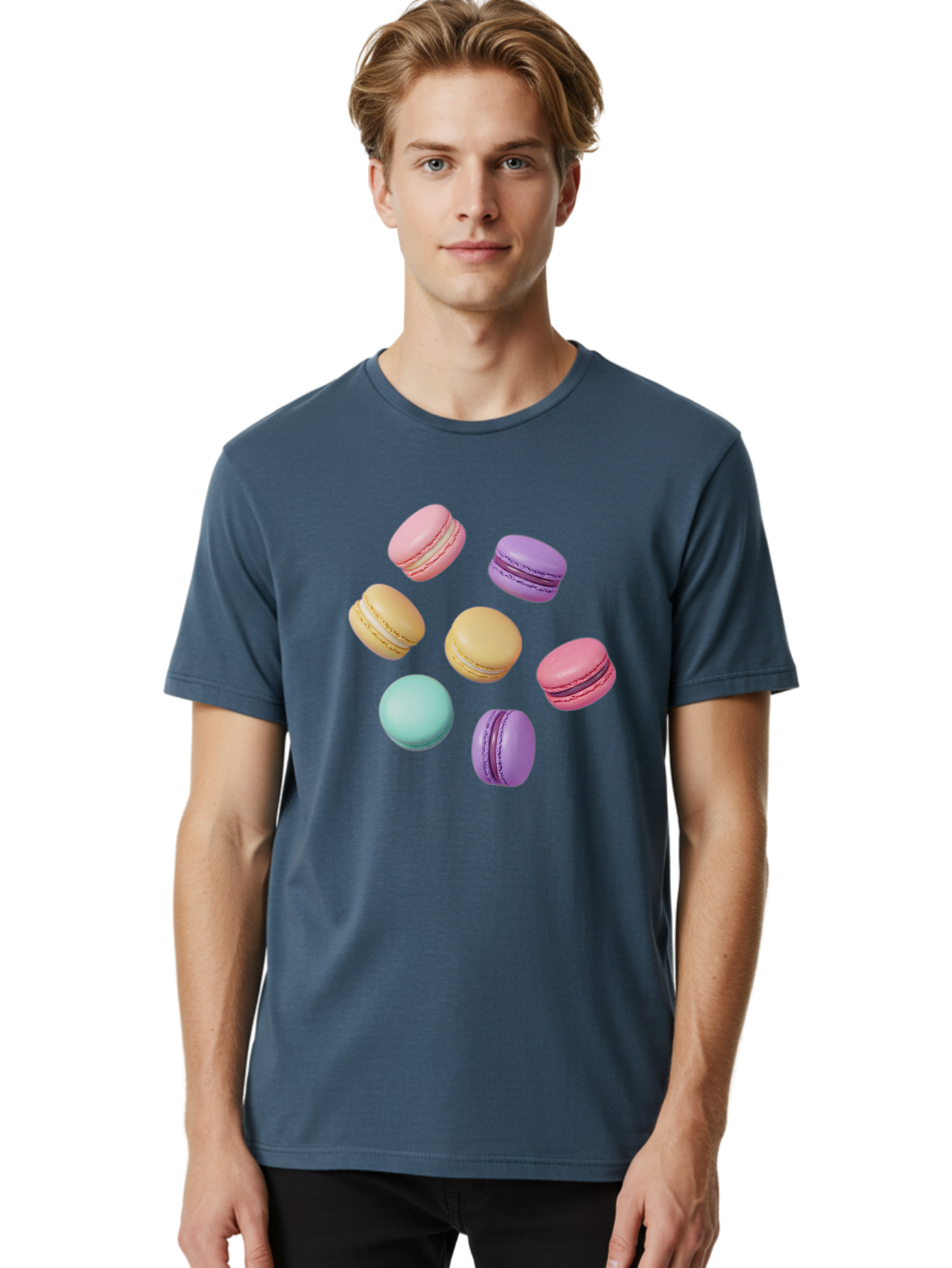 Colorful-Macarons-1 Men'S Graphic Tee, 100% Cotton, Comfortable Casual Summer Wear, Machine Washable, Colorful Macarons, Pastel Macarons, Assorted Macarons, Macaron Dessert, French Macarons, Sweet Treats, French Pastries, Macaron Flavors, Baa389