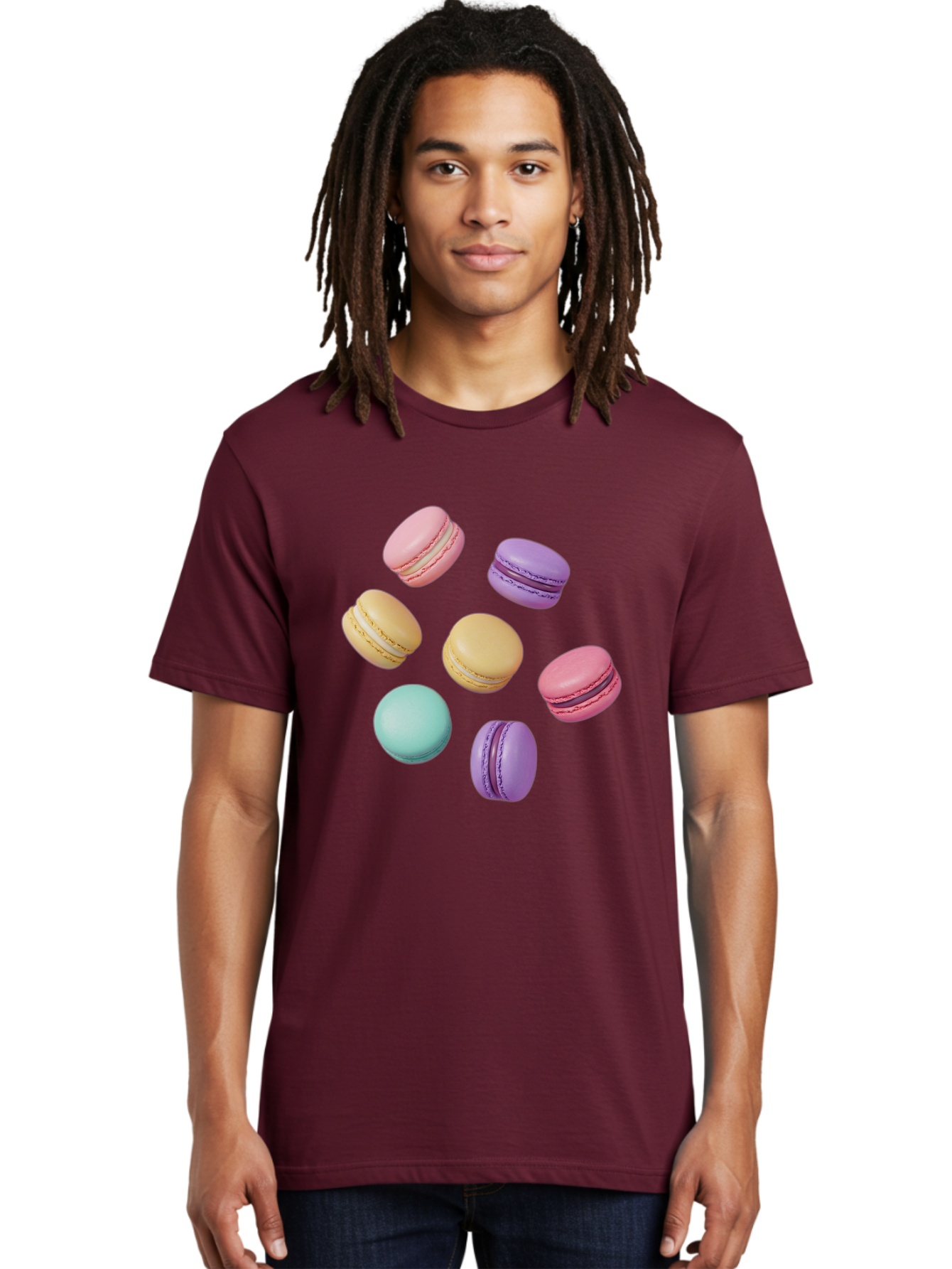Colorful-Macarons-1 Men'S Graphic Tee, 100% Cotton, Comfortable Casual Summer Wear, Machine Washable, Colorful Macarons, Pastel Macarons, Assorted Macarons, Macaron Dessert, French Macarons, Sweet Treats, French Pastries, Macaron Flavors, Baa389