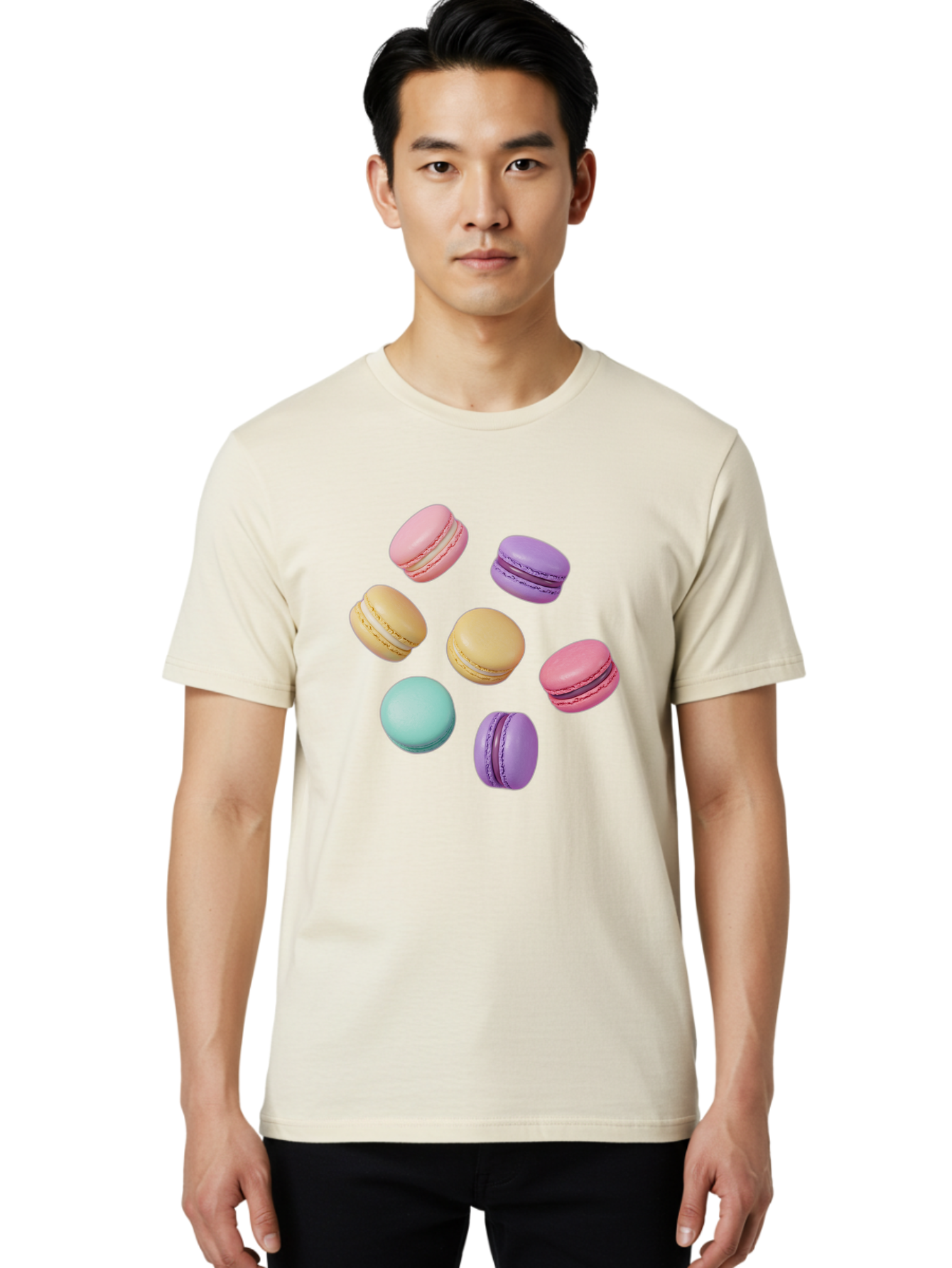 Colorful-Macarons-1 Men'S Graphic Tee, 100% Cotton, Comfortable Casual Summer Wear, Machine Washable, Colorful Macarons, Pastel Macarons, Assorted Macarons, Macaron Dessert, French Macarons, Sweet Treats, French Pastries, Macaron Flavors, Baa389