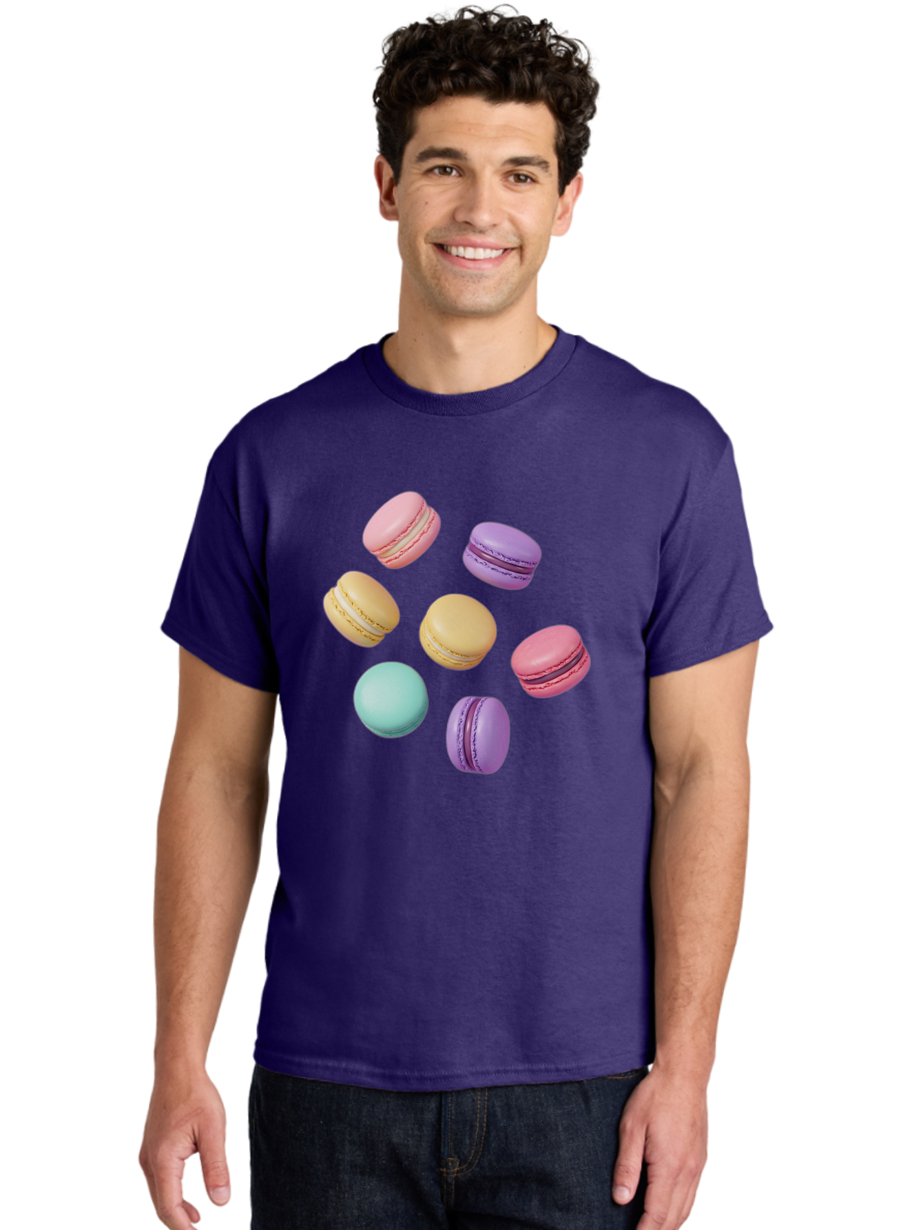 Colorful-Macarons-1 Men'S Graphic Tee, 100% Cotton, Comfortable Casual Summer Wear, Machine Washable, Colorful Macarons, Pastel Macarons, Assorted Macarons, Macaron Dessert, French Macarons, Sweet Treats, French Pastries, Macaron Flavors, Baa389
