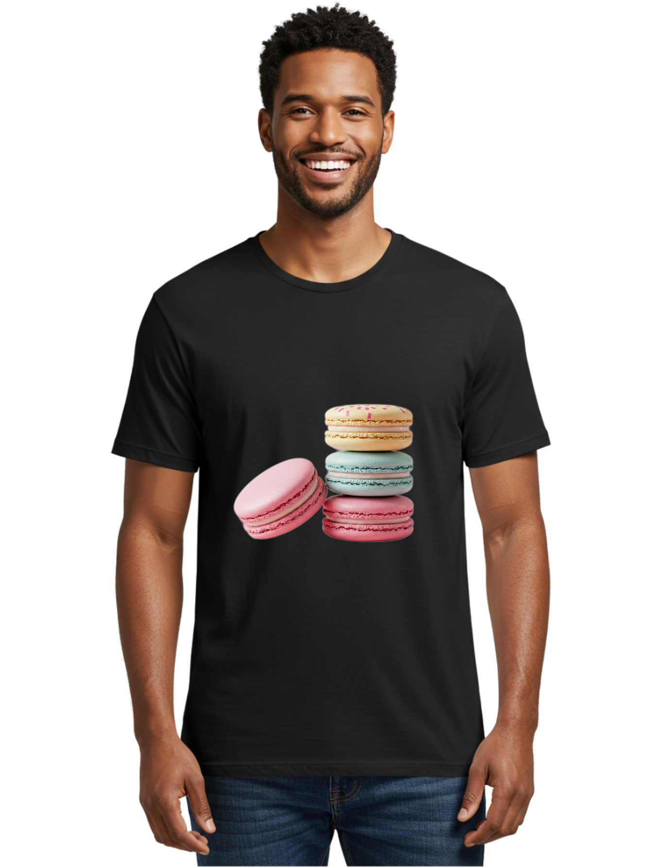 Colorful-Macarons Men'S Graphic Tee, 100% Cotton, Comfortable Casual Summer Wear, Machine Washable, Stack Of Colorful Macarons, Pastel Colors, Sweet Treats, Baked Goods, Delicate Cookies, French Desserts, Dessert Photography, Macaron Stack Baa390