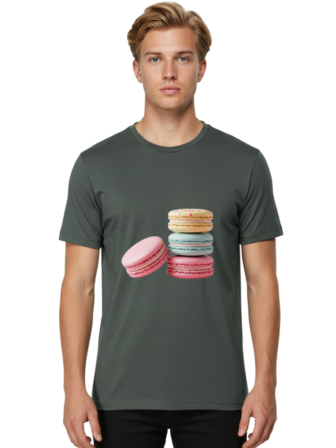 Colorful-Macarons Men'S Graphic Tee, 100% Cotton, Comfortable Casual Summer Wear, Machine Washable, Stack Of Colorful Macarons, Pastel Colors, Sweet Treats, Baked Goods, Delicate Cookies, French Desserts, Dessert Photography, Macaron Stack Baa390
