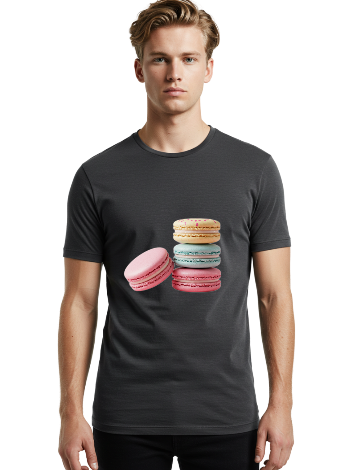 Colorful-Macarons Men'S Graphic Tee, 100% Cotton, Comfortable Casual Summer Wear, Machine Washable, Stack Of Colorful Macarons, Pastel Colors, Sweet Treats, Baked Goods, Delicate Cookies, French Desserts, Dessert Photography, Macaron Stack Baa390