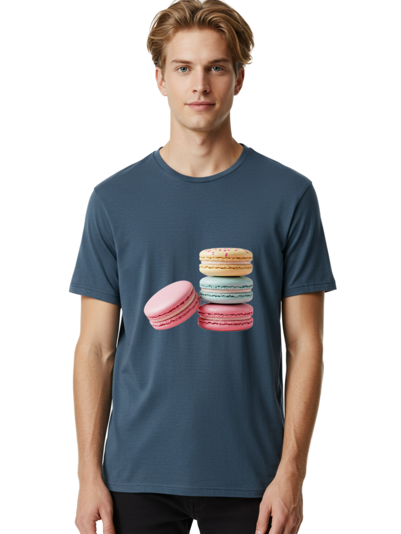 Colorful-Macarons Men'S Graphic Tee, 100% Cotton, Comfortable Casual Summer Wear, Machine Washable, Stack Of Colorful Macarons, Pastel Colors, Sweet Treats, Baked Goods, Delicate Cookies, French Desserts, Dessert Photography, Macaron Stack Baa390