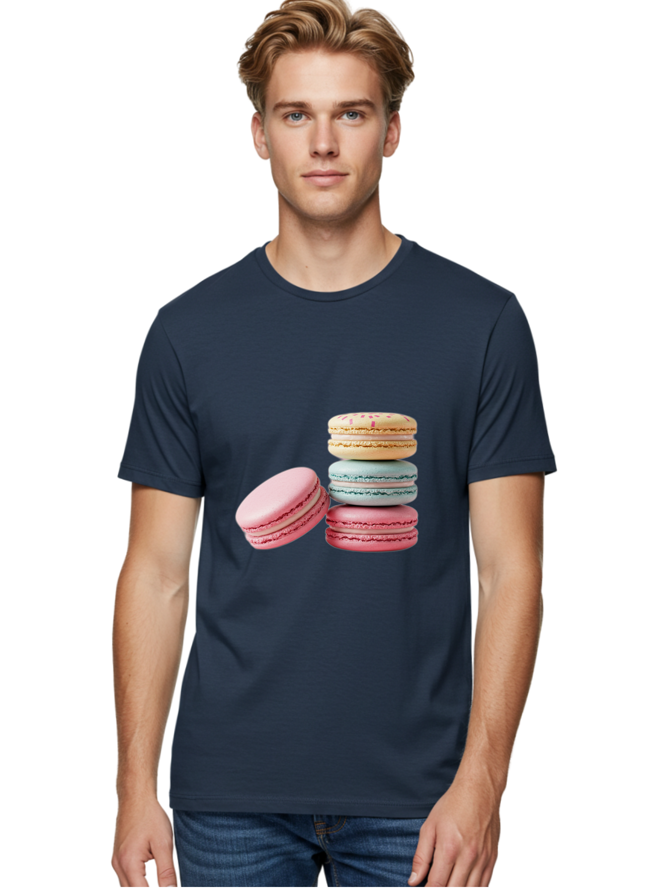 Colorful-Macarons Men'S Graphic Tee, 100% Cotton, Comfortable Casual Summer Wear, Machine Washable, Stack Of Colorful Macarons, Pastel Colors, Sweet Treats, Baked Goods, Delicate Cookies, French Desserts, Dessert Photography, Macaron Stack Baa390