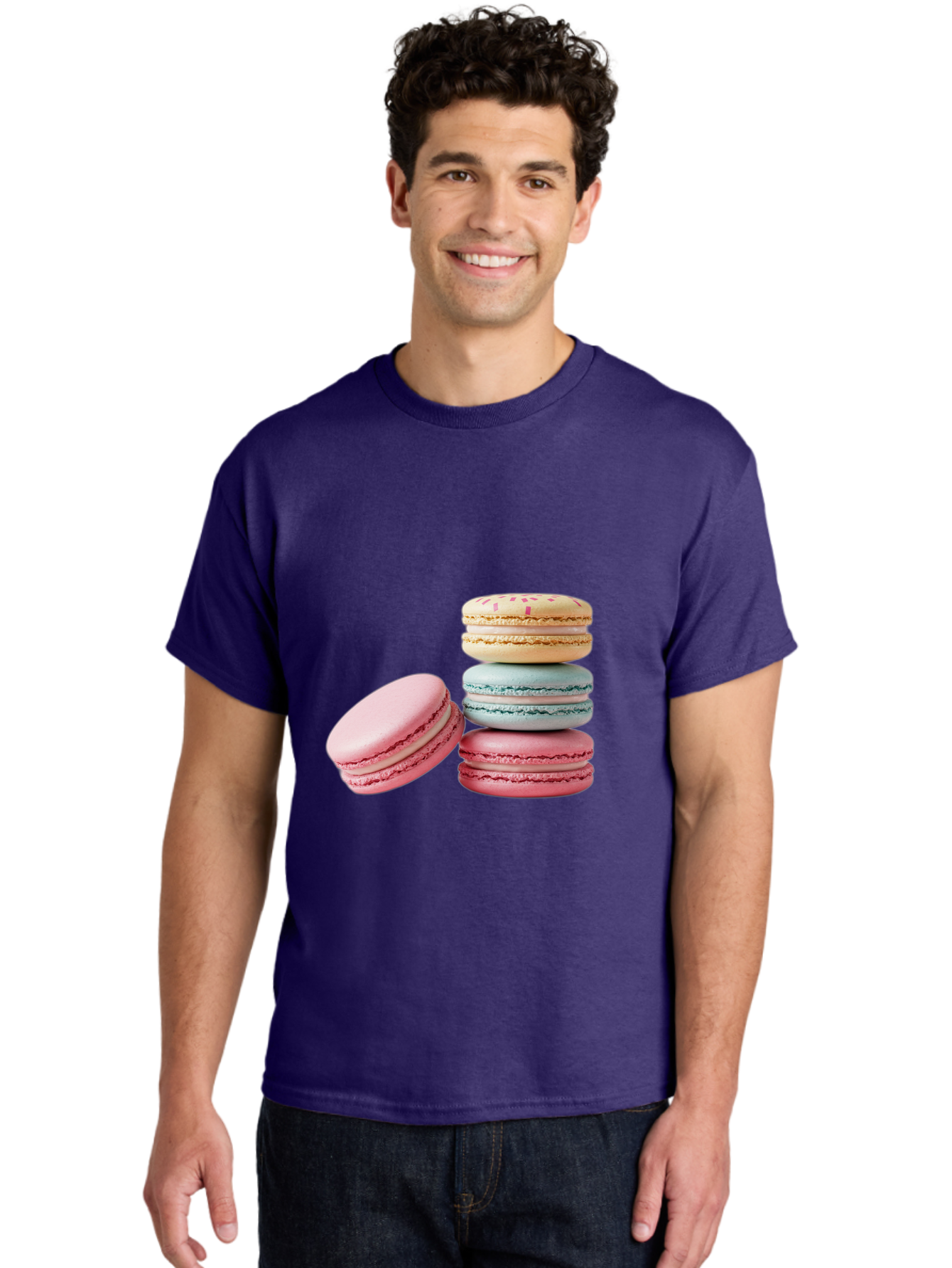 Colorful-Macarons Men'S Graphic Tee, 100% Cotton, Comfortable Casual Summer Wear, Machine Washable, Stack Of Colorful Macarons, Pastel Colors, Sweet Treats, Baked Goods, Delicate Cookies, French Desserts, Dessert Photography, Macaron Stack Baa390