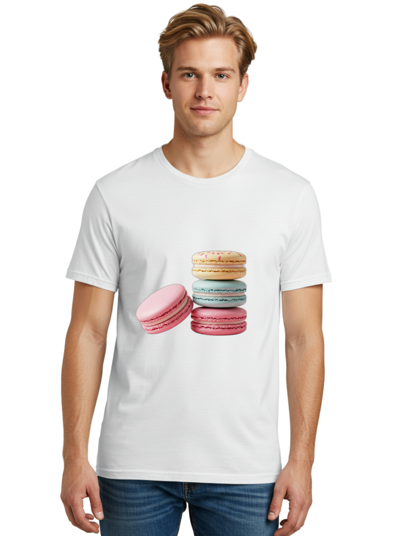 Colorful-Macarons Men'S Graphic Tee, 100% Cotton, Comfortable Casual Summer Wear, Machine Washable, Stack Of Colorful Macarons, Pastel Colors, Sweet Treats, Baked Goods, Delicate Cookies, French Desserts, Dessert Photography, Macaron Stack Baa390