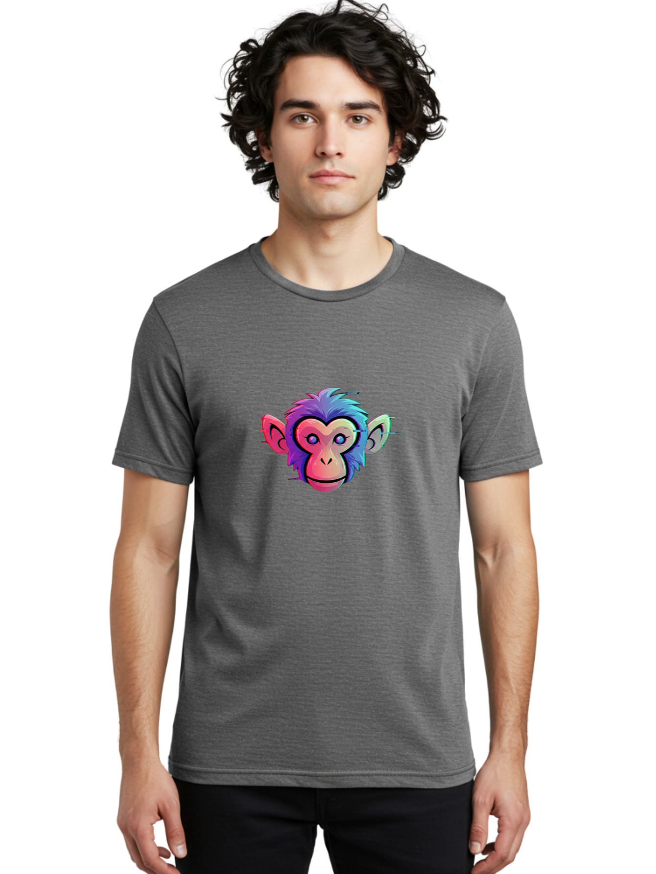 Colorful-Monkey-Head Men'S Graphic Tee, 100% Cotton, Comfortable Casual Summer Wear, Machine Washable, Cartoon Monkey, Colorful Illustration, Vibrant Fur, Pink Face, Blue Eyes, Playful Expression, Whimsical Design, Digital Art, Modern Graphic Baa391