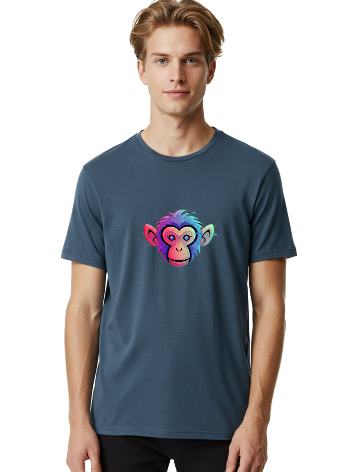 Colorful-Monkey-Head Men'S Graphic Tee, 100% Cotton, Comfortable Casual Summer Wear, Machine Washable, Cartoon Monkey, Colorful Illustration, Vibrant Fur, Pink Face, Blue Eyes, Playful Expression, Whimsical Design, Digital Art, Modern Graphic Baa391