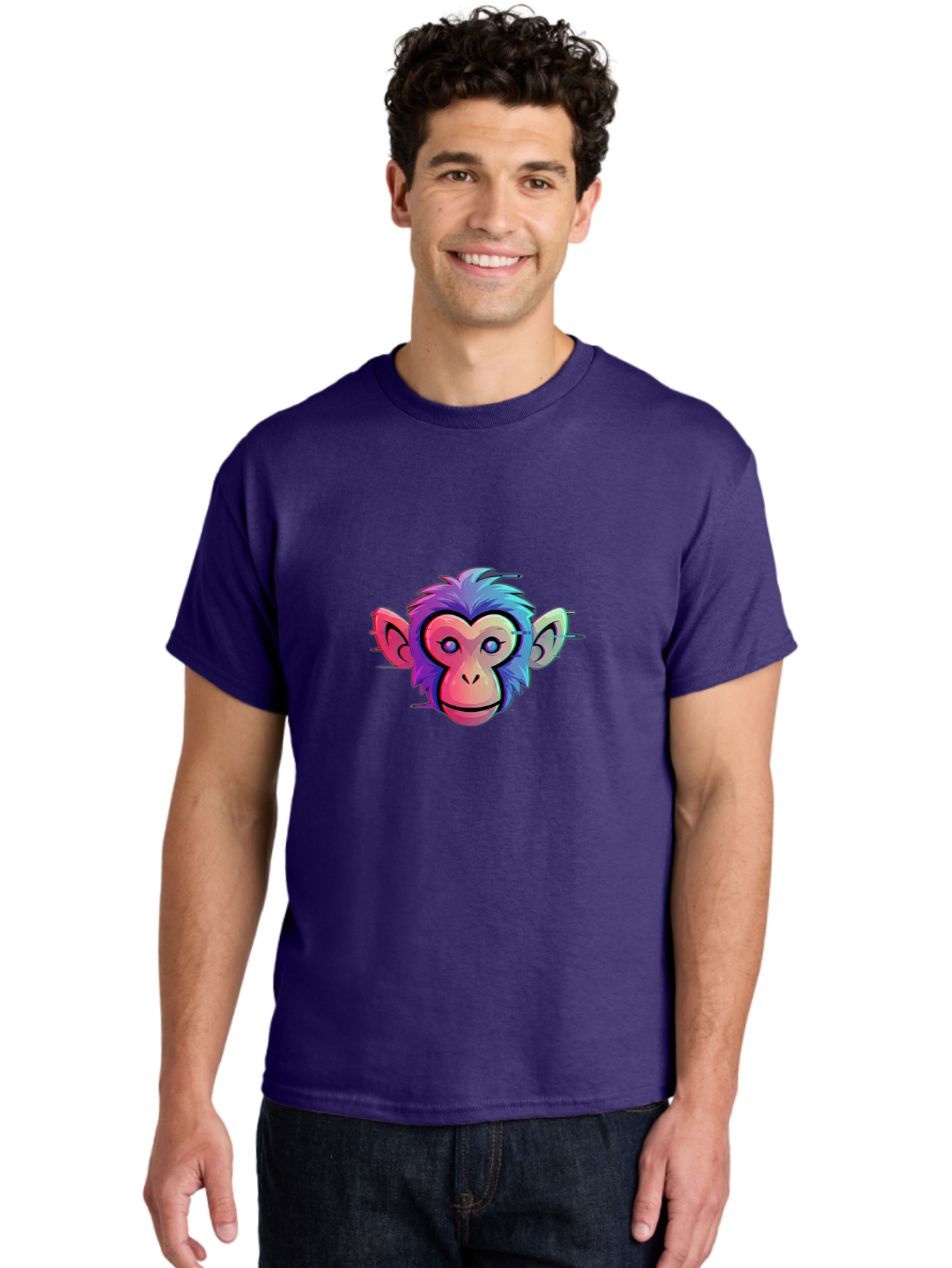 Colorful-Monkey-Head Men'S Graphic Tee, 100% Cotton, Comfortable Casual Summer Wear, Machine Washable, Cartoon Monkey, Colorful Illustration, Vibrant Fur, Pink Face, Blue Eyes, Playful Expression, Whimsical Design, Digital Art, Modern Graphic Baa391