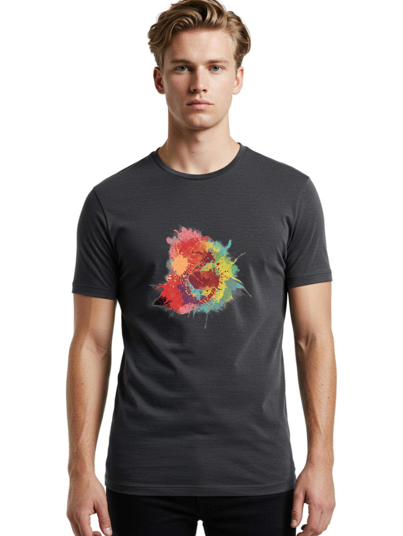 Colorful-Paint-Splatter Men'S Graphic Tee, 100% Cotton, Comfortable Casual Summer Wear, Machine Washable, Colorful Paint Splash, Vibrant Colors, Abstract Art, Dynamic Splatters, Creative Expression, Multicolored Design, Artistic Splatter, Baa392