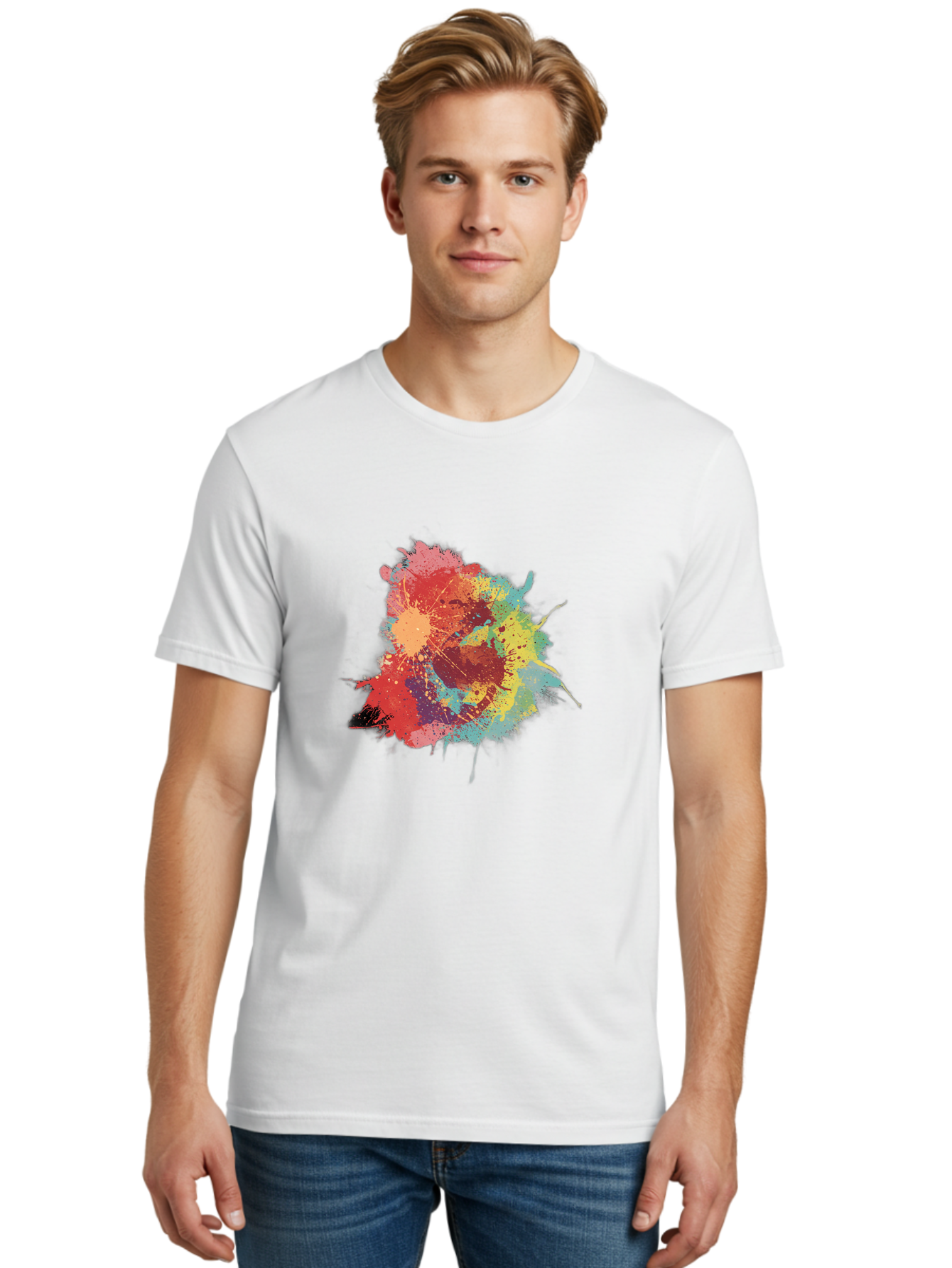 Colorful-Paint-Splatter Men'S Graphic Tee, 100% Cotton, Comfortable Casual Summer Wear, Machine Washable, Colorful Paint Splash, Vibrant Colors, Abstract Art, Dynamic Splatters, Creative Expression, Multicolored Design, Artistic Splatter, Baa392