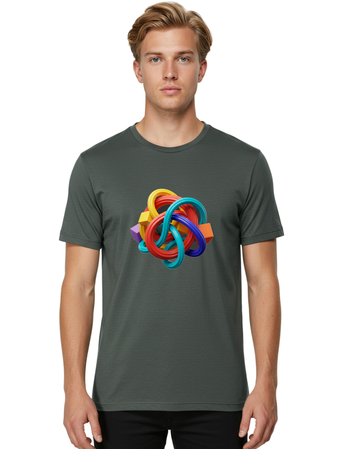 Colorful-Rings-And-Cubes Men'S Graphic Tee, 100% Cotton, Comfortable Casual Summer Wear, Machine Washable, Interconnected Rings, 3D Graphics, Colorful Shapes, Abstract Art, Vibrant Colors, Geometric Forms, Dynamic Composition, Modern Design, Baa393